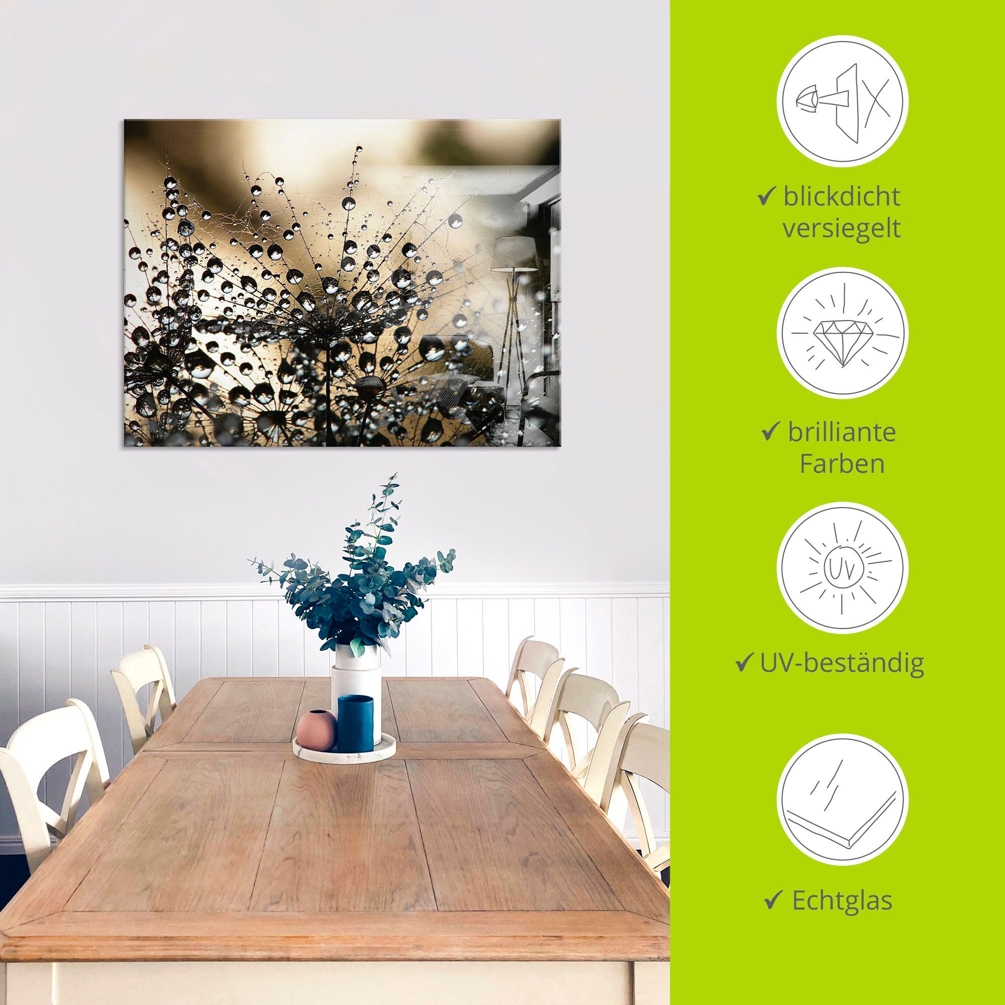 Artland Print op glas Natte paardenbloem in verschillende maten