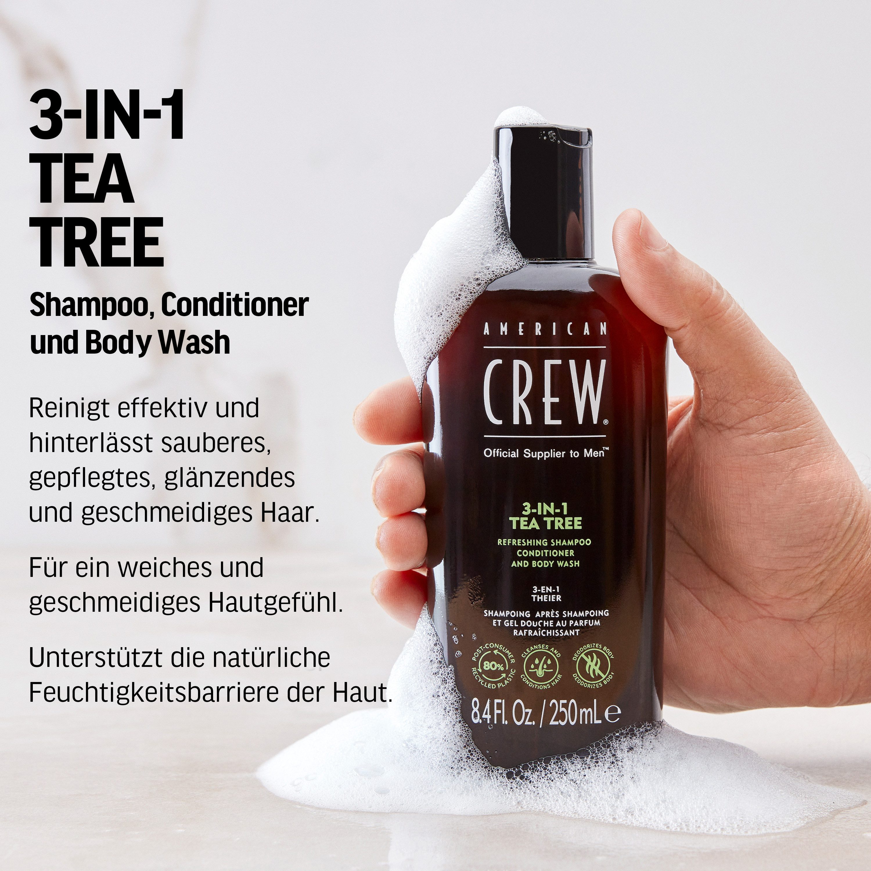 American Crew Haarshampoo 3-in-1 Tea Tree shampoo. Conditioner & body wash 250 ml (1-delig)