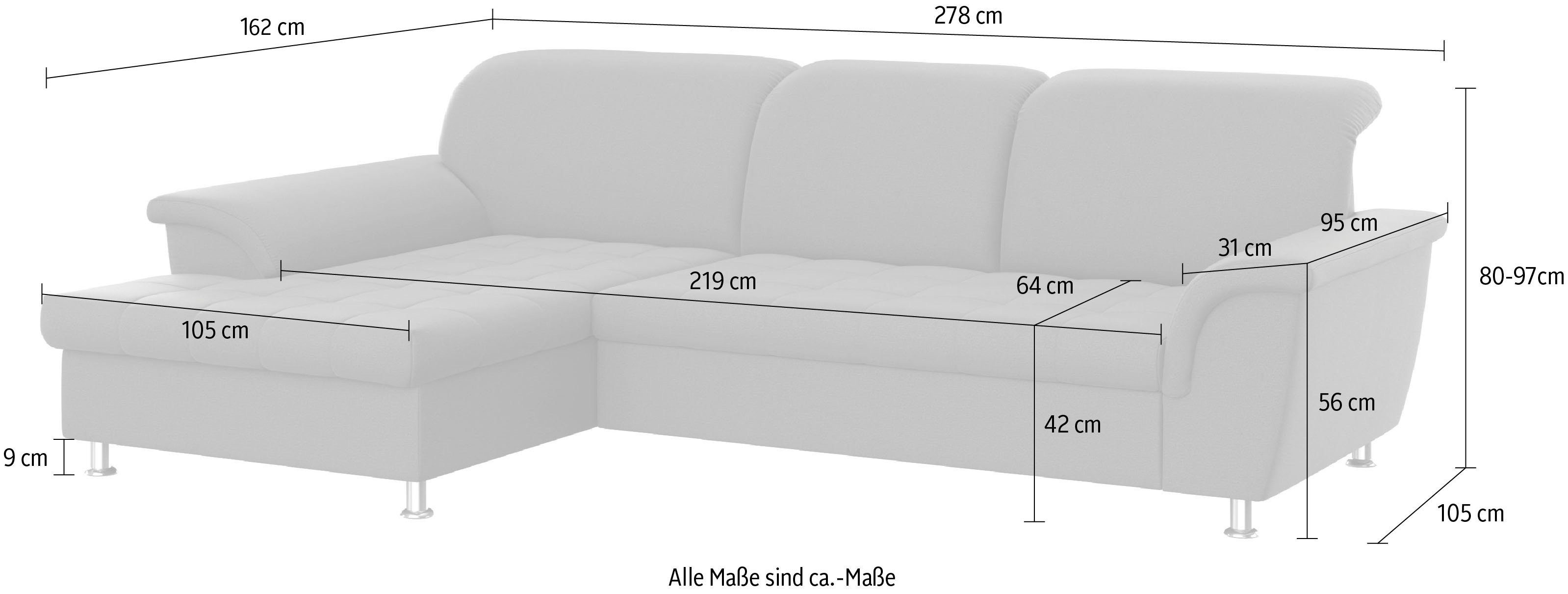 DOMO collection Hoekbank Franzi stiksels op de zitting B7T/H: 278x162x80 cm, L-model naar keuze met slaapfunctie, bedkist en verstelbare hoofdsteun