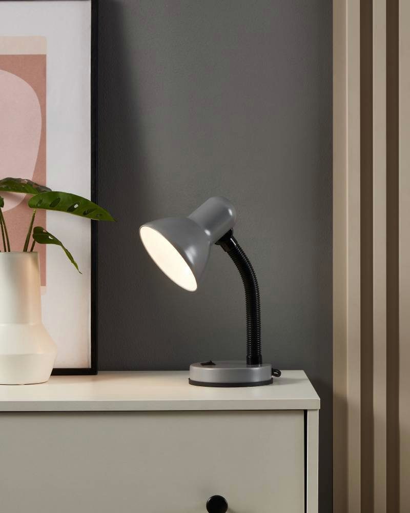 EGLO Tafellamp Basic zilverkleur / ø12,5 x h30 cm / excl. 1x e27 (elk max. 40 w) / tuimelschakelaar