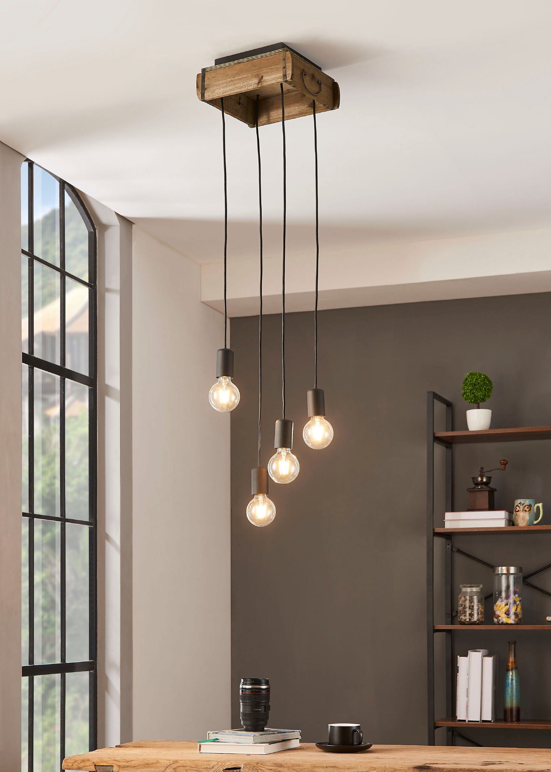 EGLO Hanglamp WOOTTON Hanglamp in bruin en zwart van hout, staal - excl. E27 - 40W (1 stuk)