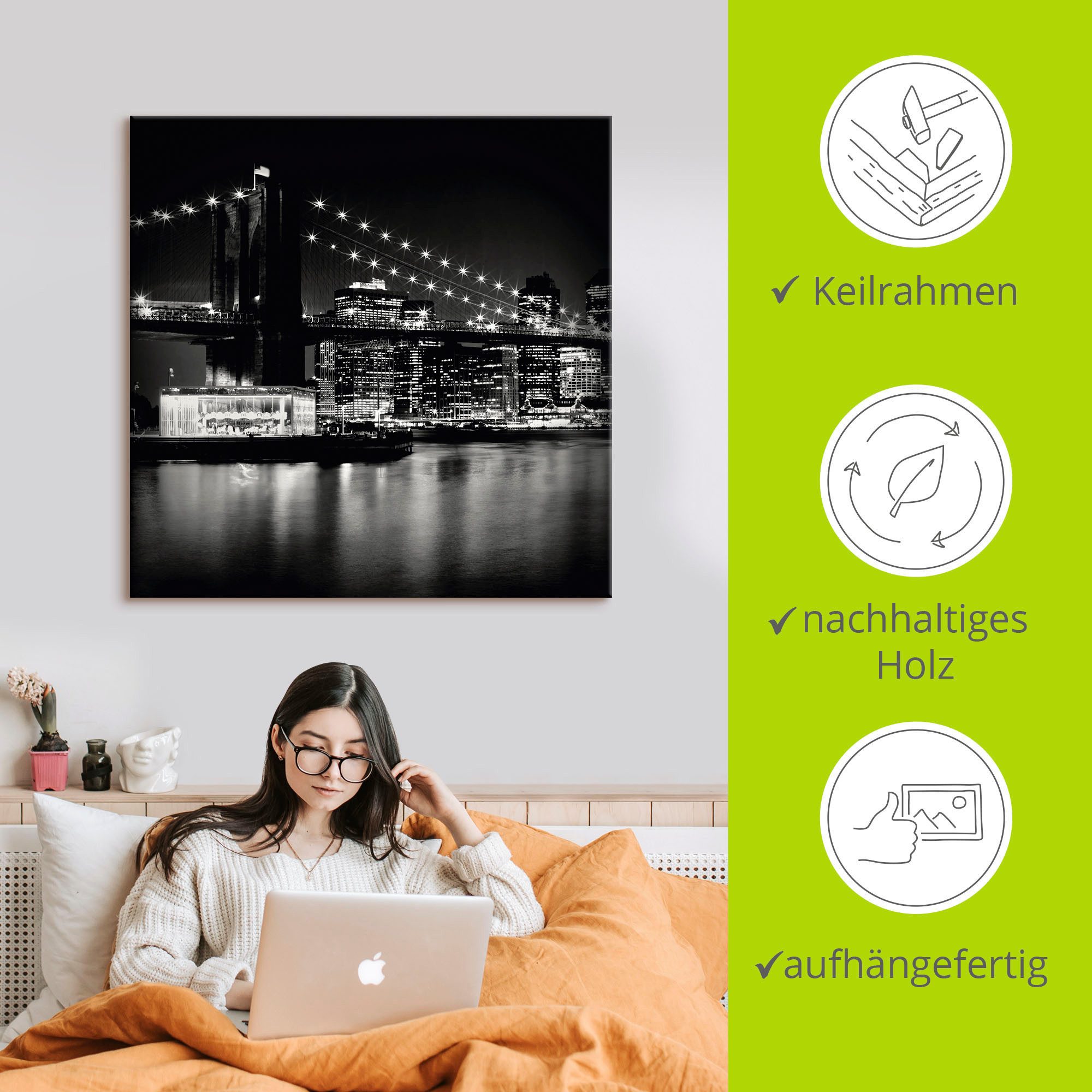 Artland Artprint New York Brooklyn Bridge 's nachts als artprint op linnen, poster in verschillende formaten maten