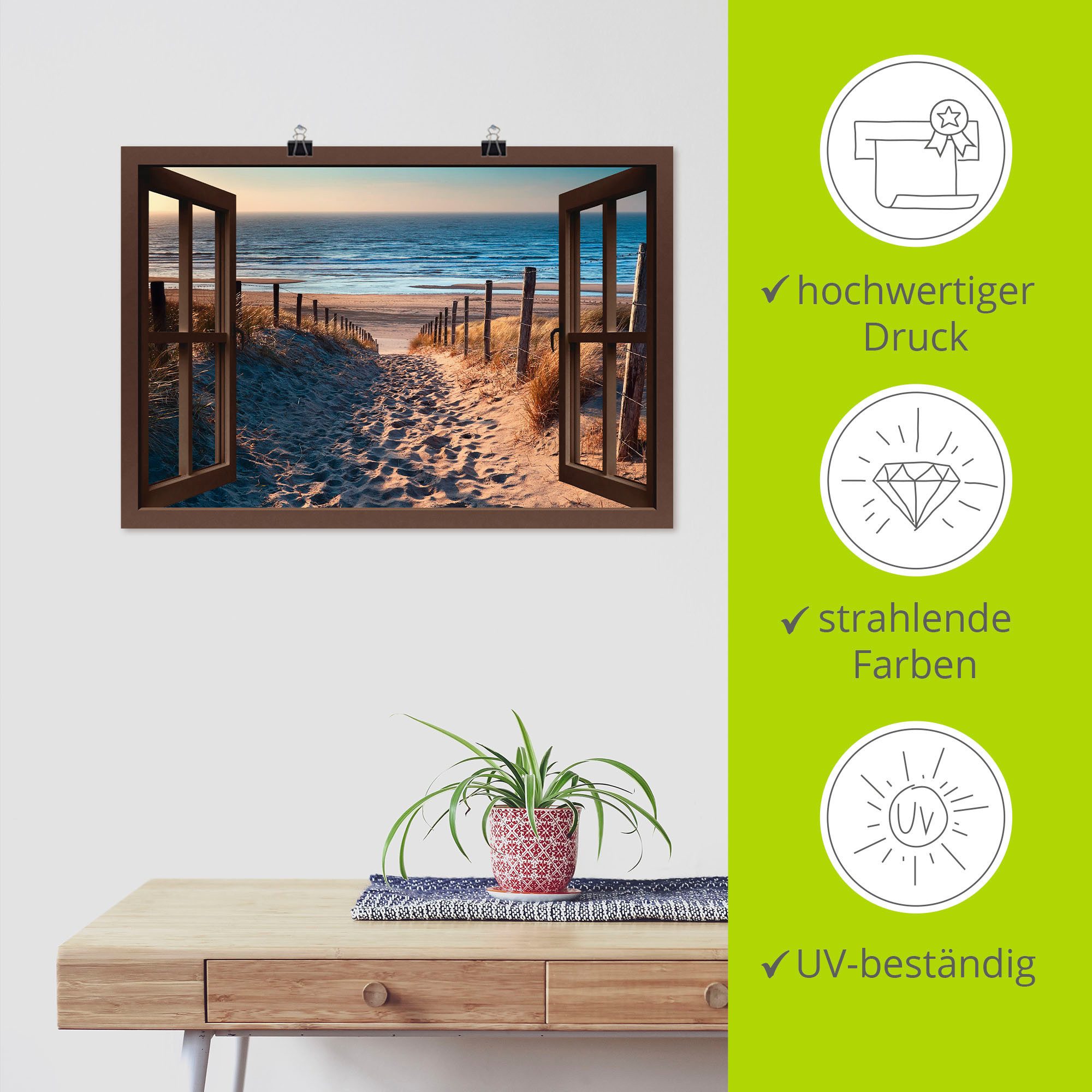Artland Artprint Blik uit het venster weg naar Noordzeestrand als artprint op linnen, poster, muursticker in verschillende maten