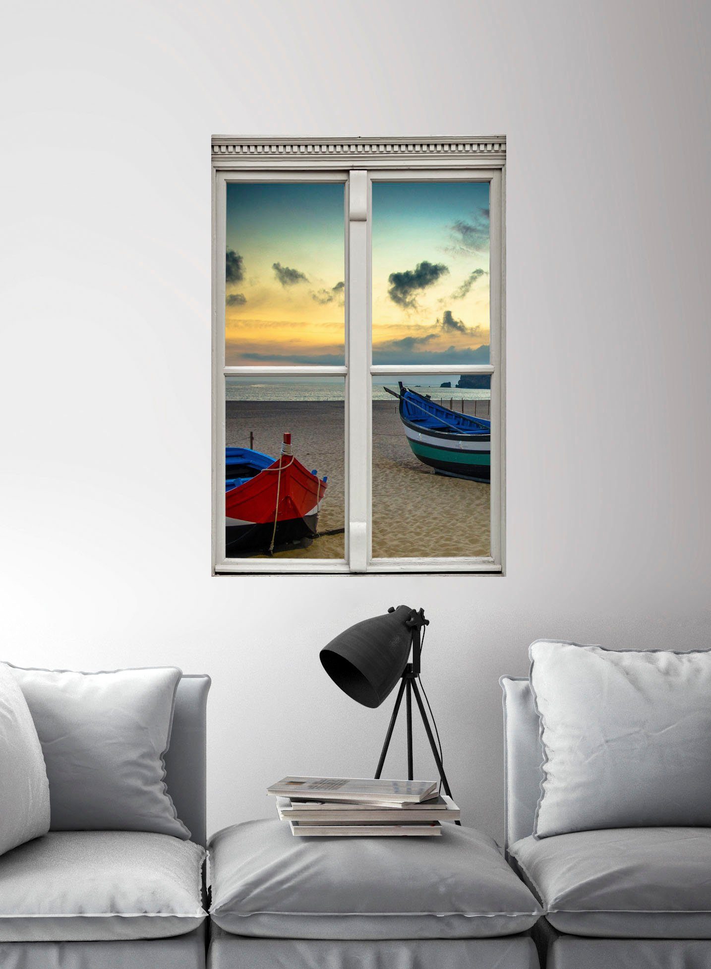 queence Wandfolie Boten aan het strand Muursticker, muurdecoratie, zelfklevend, 3D, raam