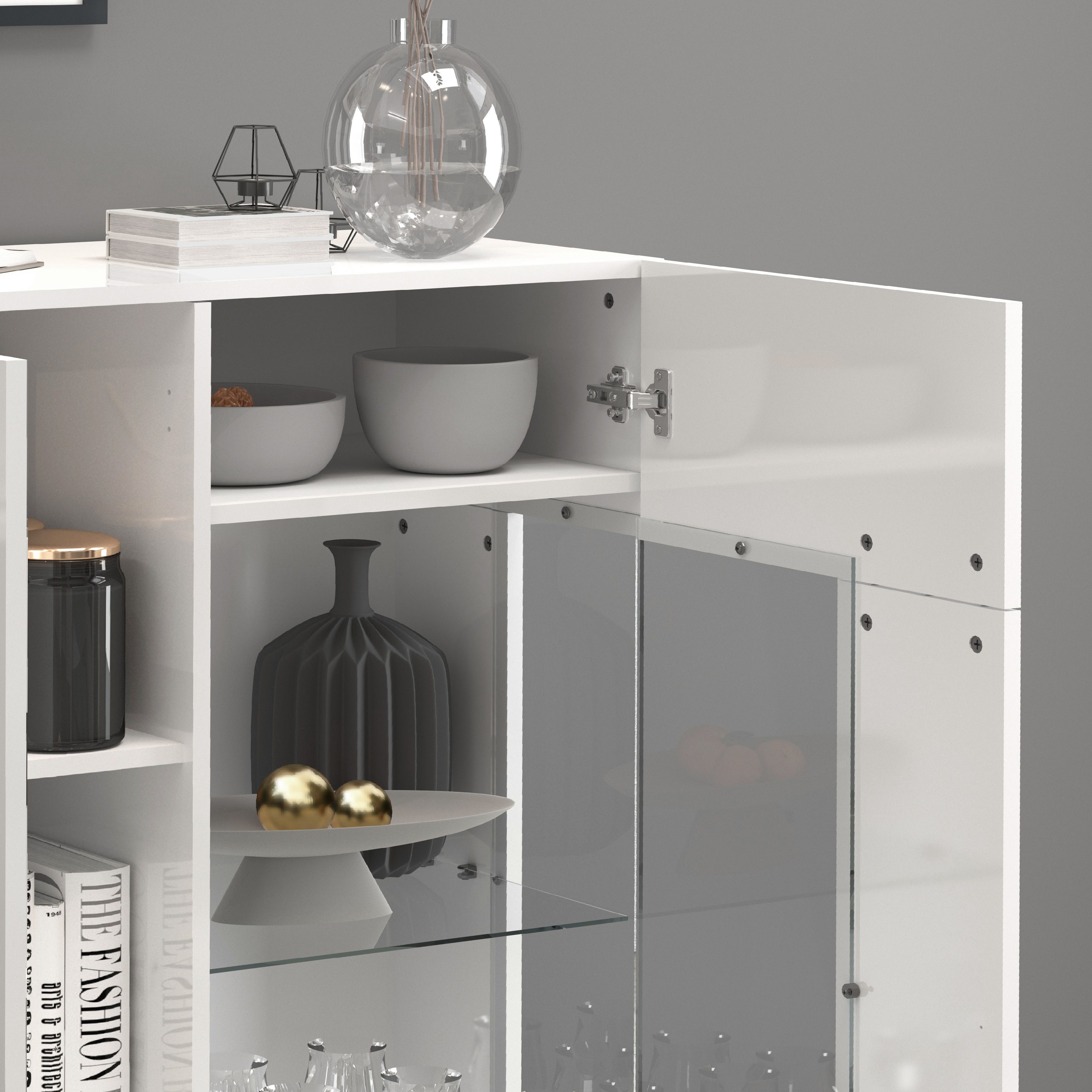 INOSIGN Highboard Egypte, Highboard, Hoge kast, Hoge ladekast, Vitrine met 3 deuren waarvan 2 met glaselement, volledig hoogglans gelakt, breedte 135
