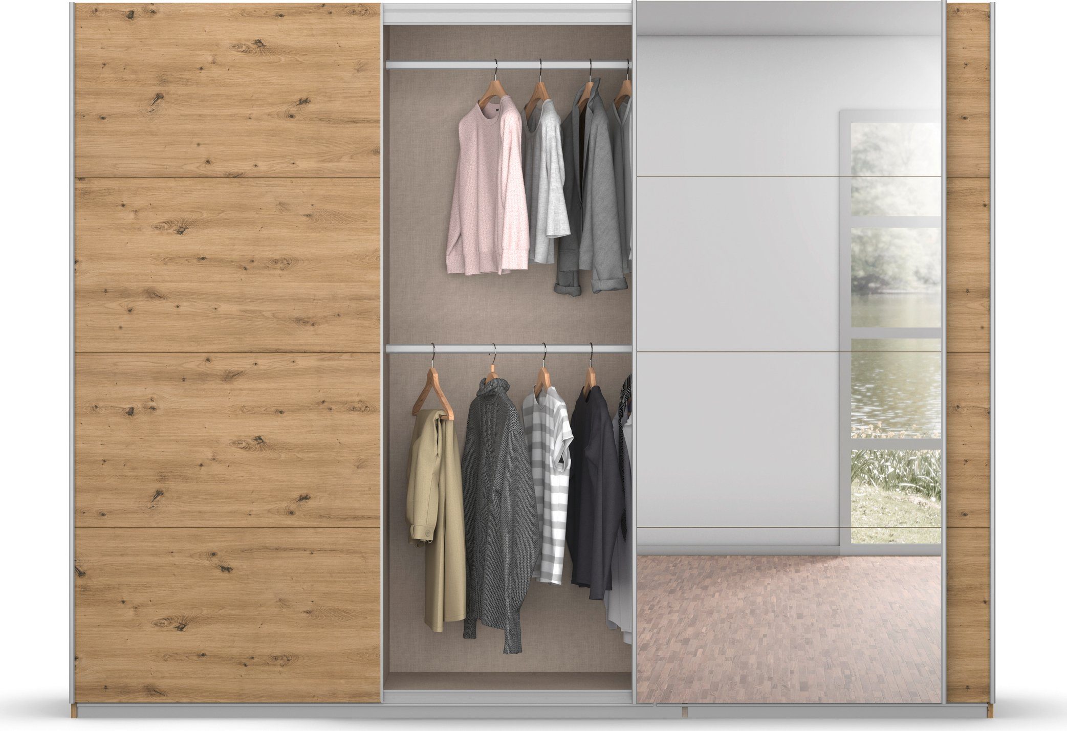 rauch Zweefdeurkast Kledingkast kast garderobe BESTSELLER KOLUNA met spiegel inclusief 2 binnenladen en extra legplanken made in germany