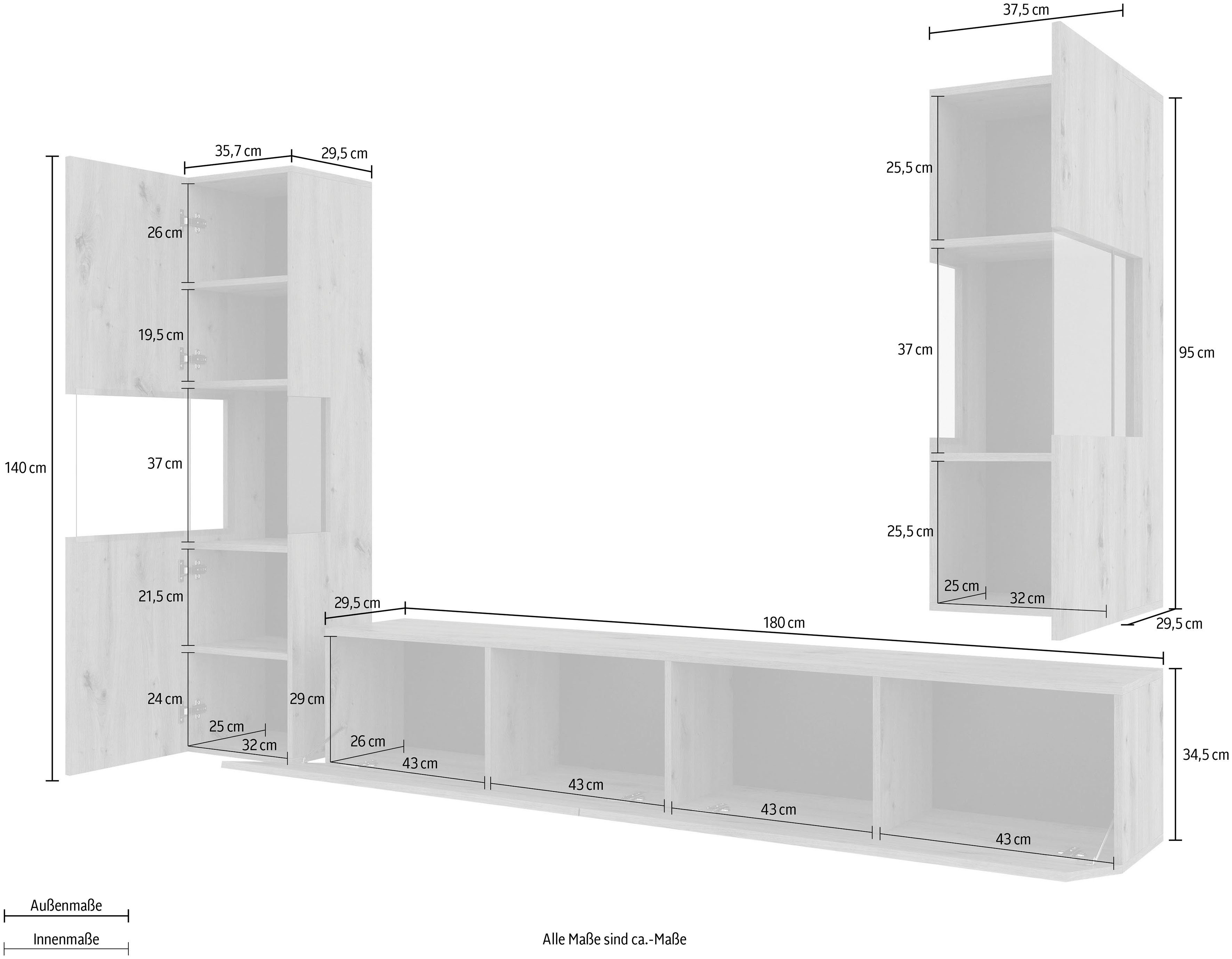 INOSIGN Wandmeubel Ava, woonkamer-set hangend/staand te monteren, vitrinekast, lowboard