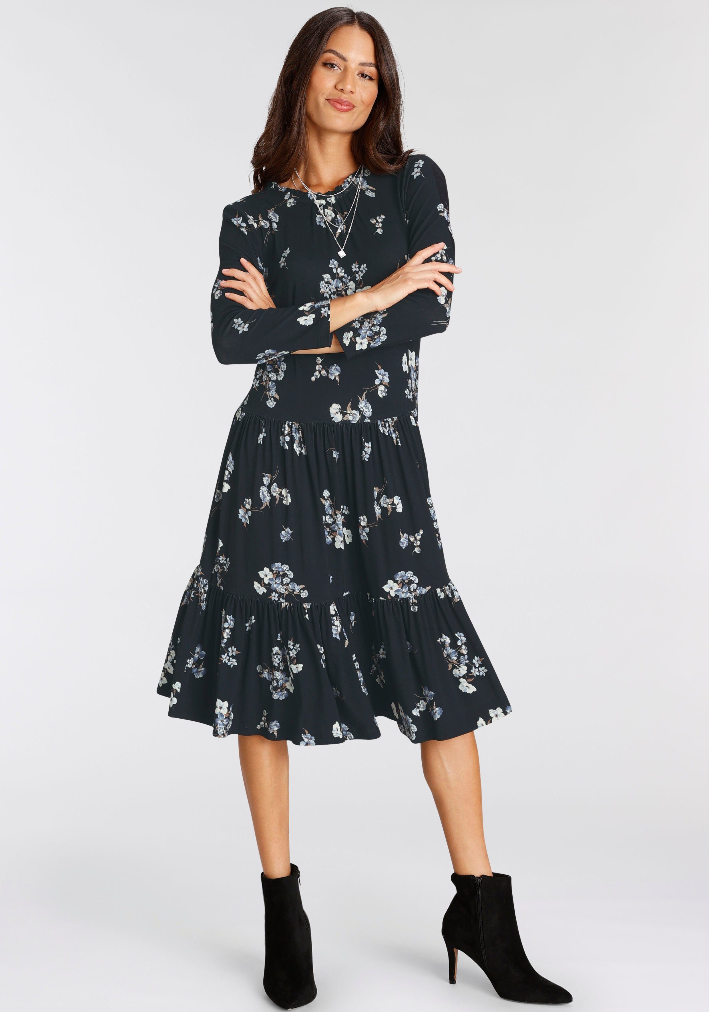 Laura Scott Jerseyjurk met ruches en bloemenpatroon