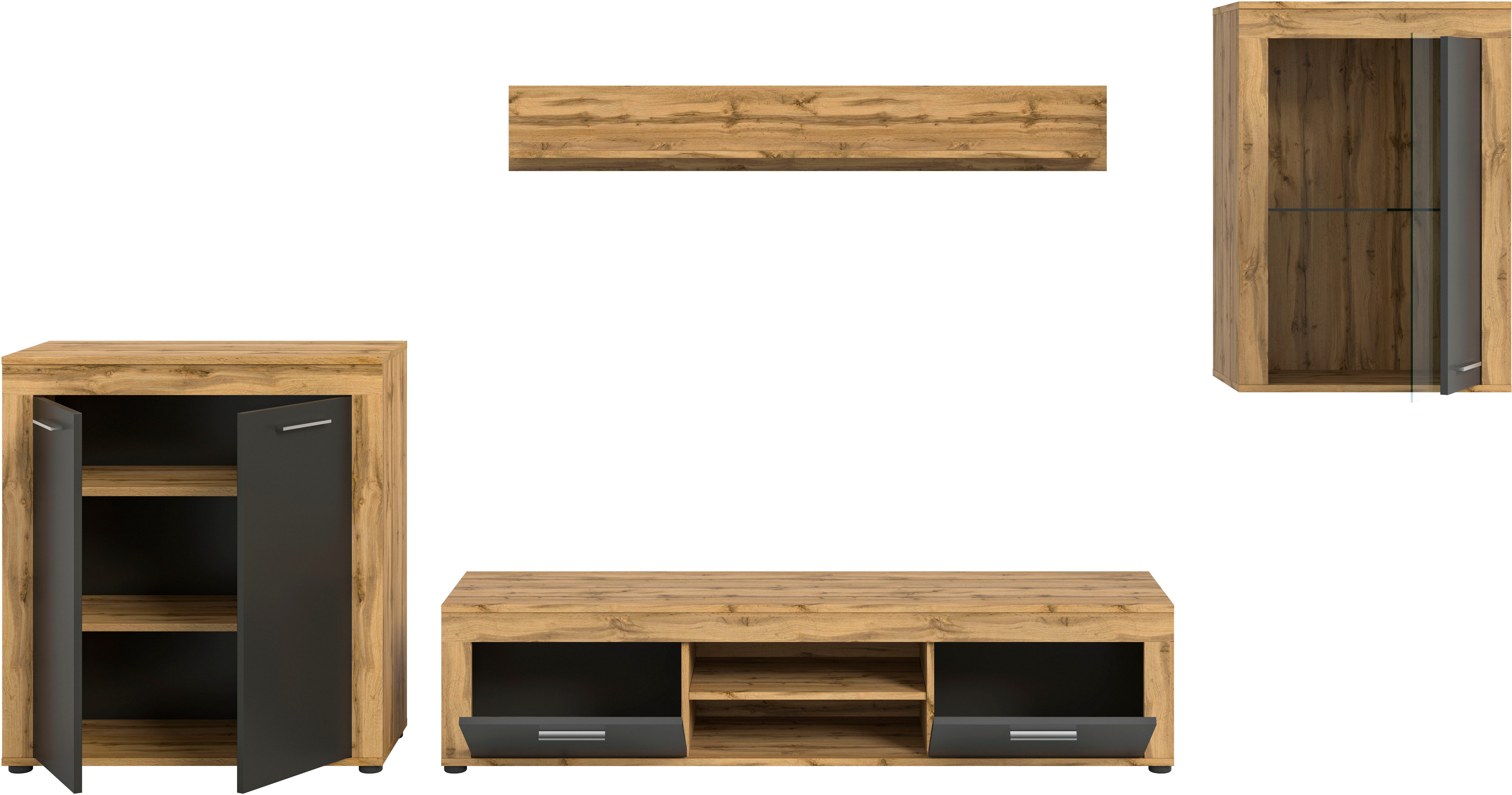 INOSIGN Wandmeubel Aosta, 4-delig, bestaande uit: highboard, lowboard, wandplank & vitrinekast (4-delig)