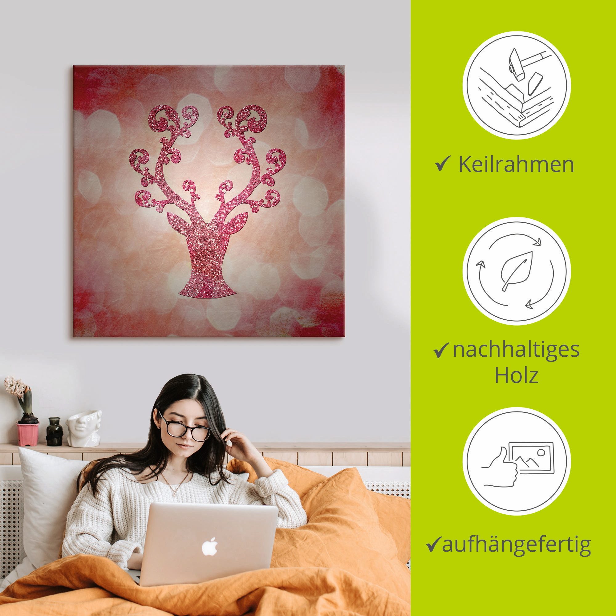 Artland Artprint op linnen Roze glinsterende ree als artprint op linnen in verschillende maten