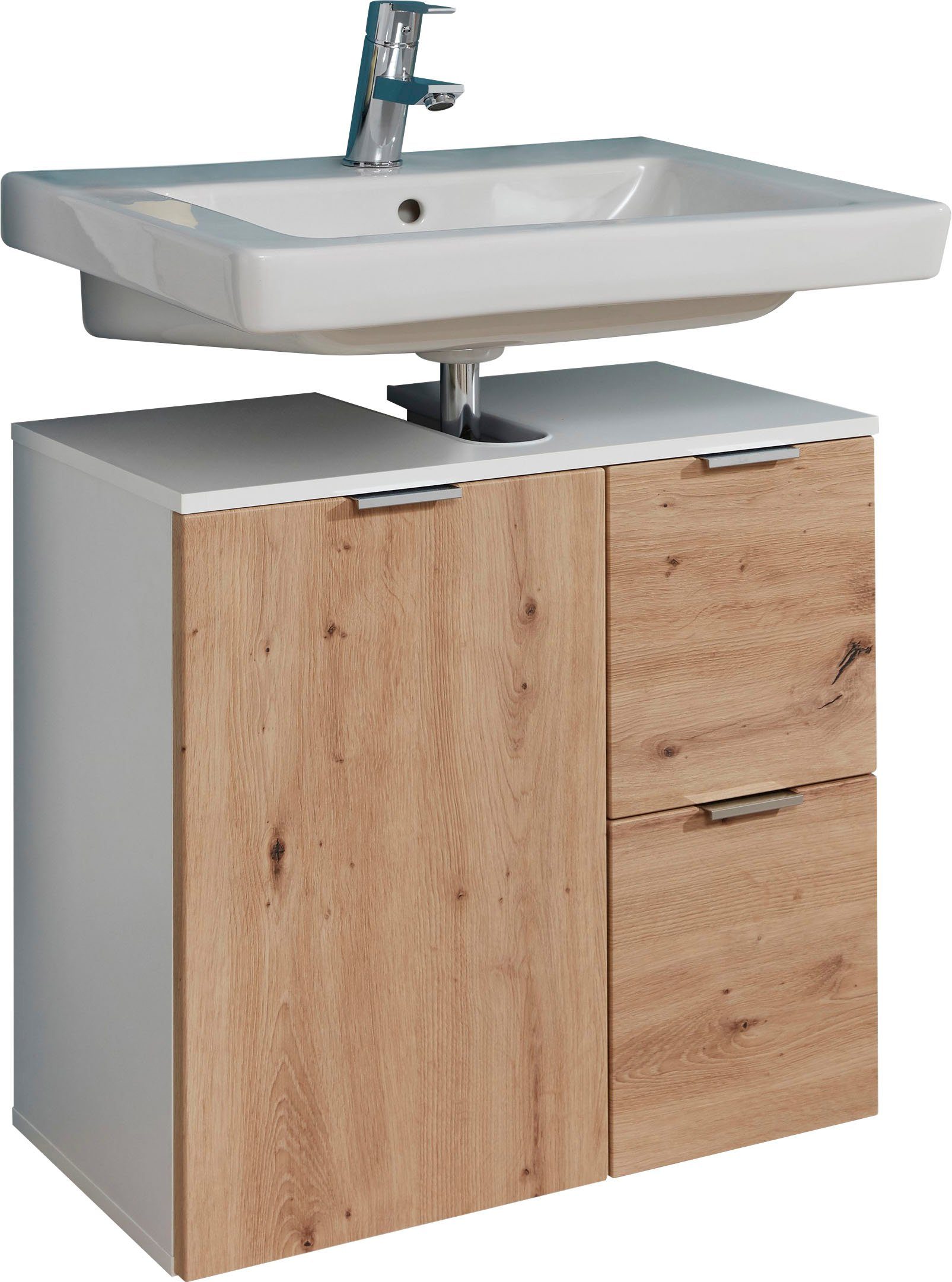 trendteam Wastafelonderkast Concept One Wastafel met 2 vakken en 2 lades in wit/echt houtlook