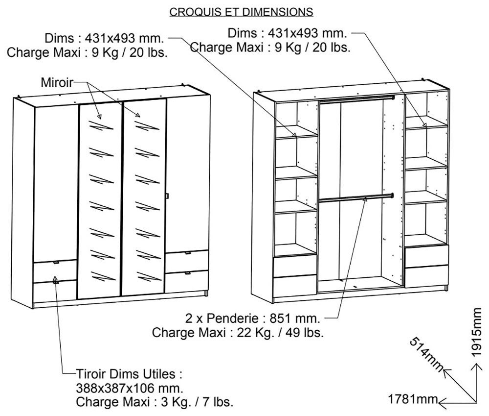Demeyere GROUP Kledingkast Mellie, 2 spiegels, 4 lades, 36 planken, 2 kledingstangen