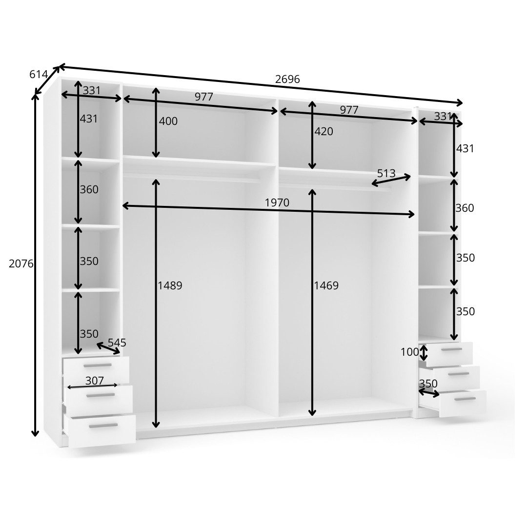 INOSIGN Kledingkast Antioch met 10 planken en 2 kledingstangen, zwarte handgrepen Garderobe met 2 schuifdeuren en 2 draaideuren, B/H/D 270/207/61 cm