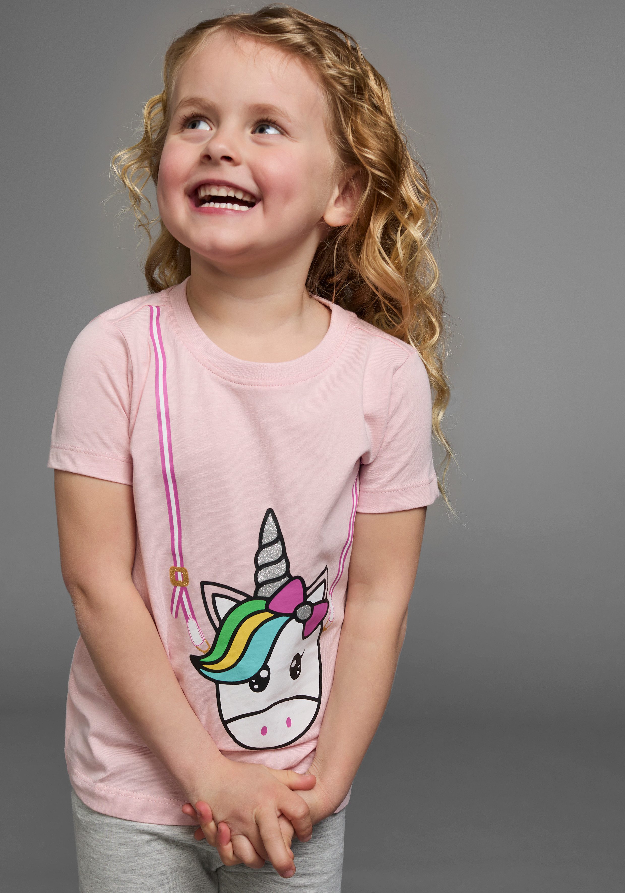 KIDSWORLD T-shirt Voor kleine meisjes Korte mouwen, basic gesneden pasvorm, met glinsterende details en print