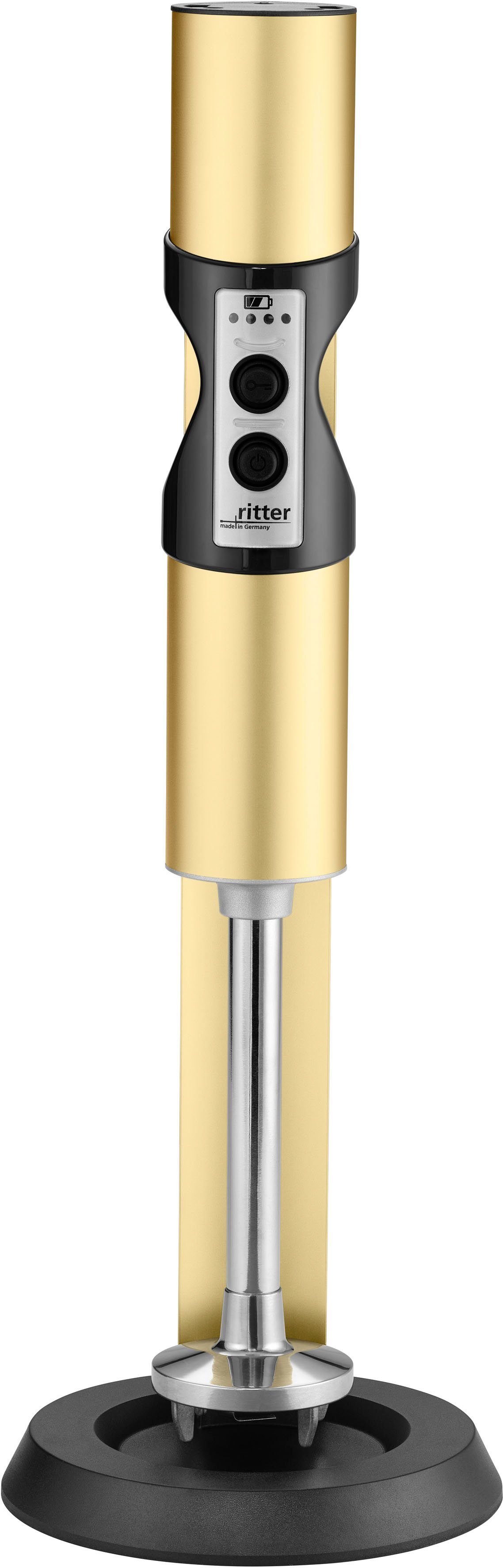 Ritter Accu-staafmixer Stilo 7 plus trendkleur goud met 4 opzetstukken van edelstaal en 2 mengbekers