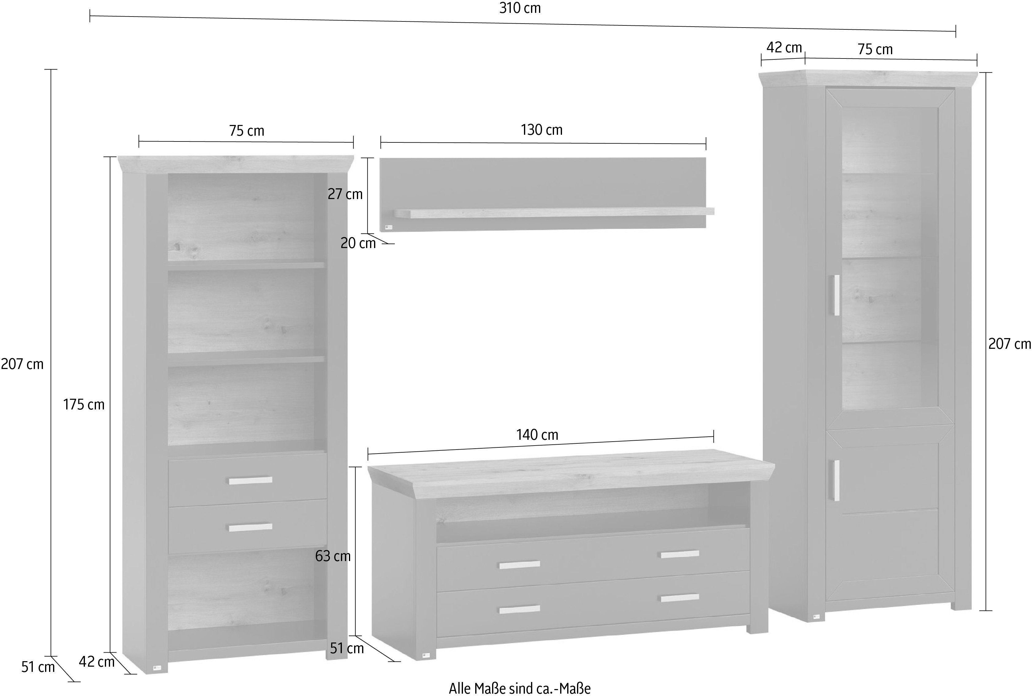 set one by Musterring Wandmeubel York Combinatie 04, in 3 kleurvarianten, totale breedte 310 cm (4-delig)