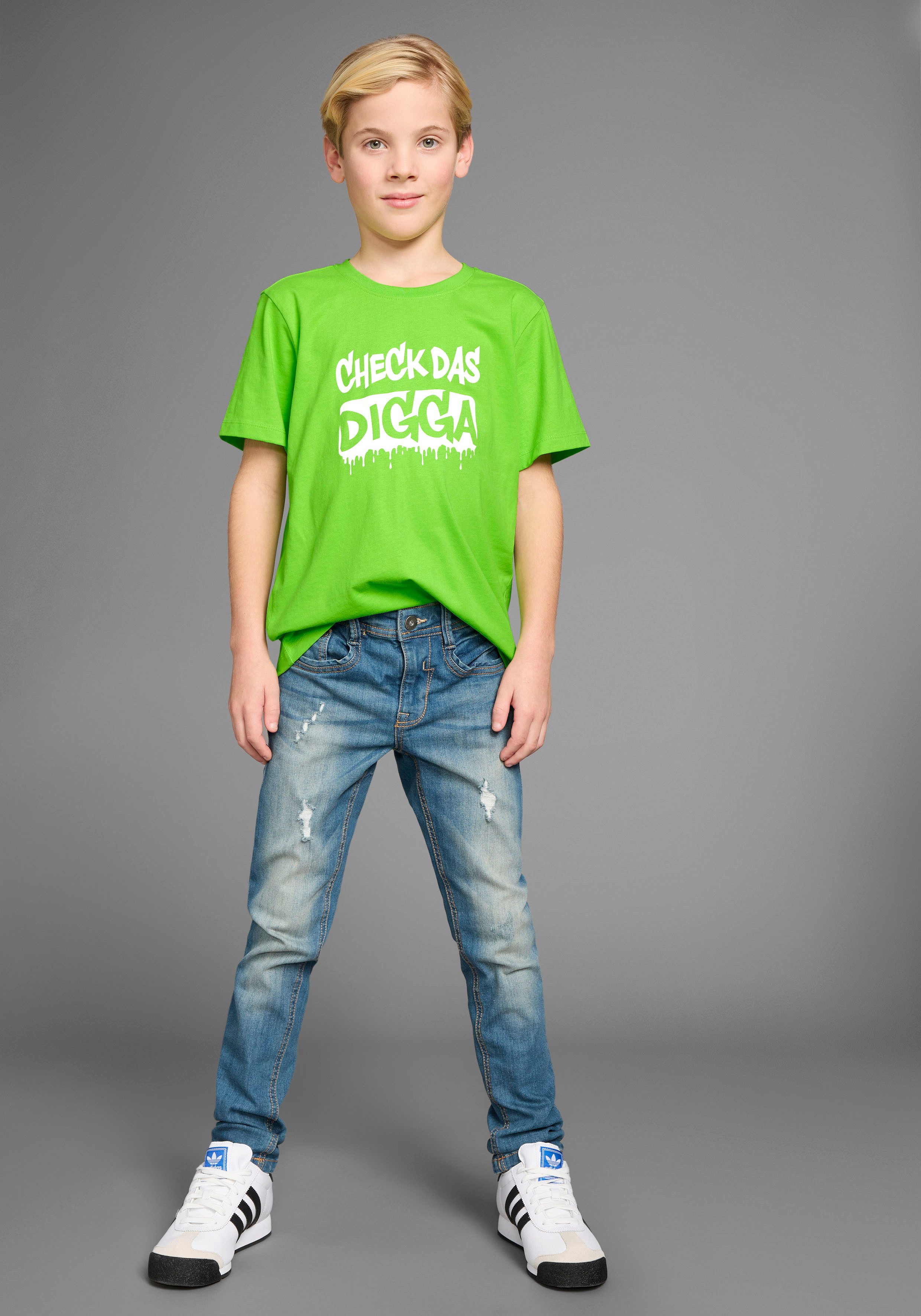KIDSWORLD T-shirt Sprücheshirt: CHECK DAS DIGGA Korte mouwen, basic pasvorm, bedrukt, ronde hals