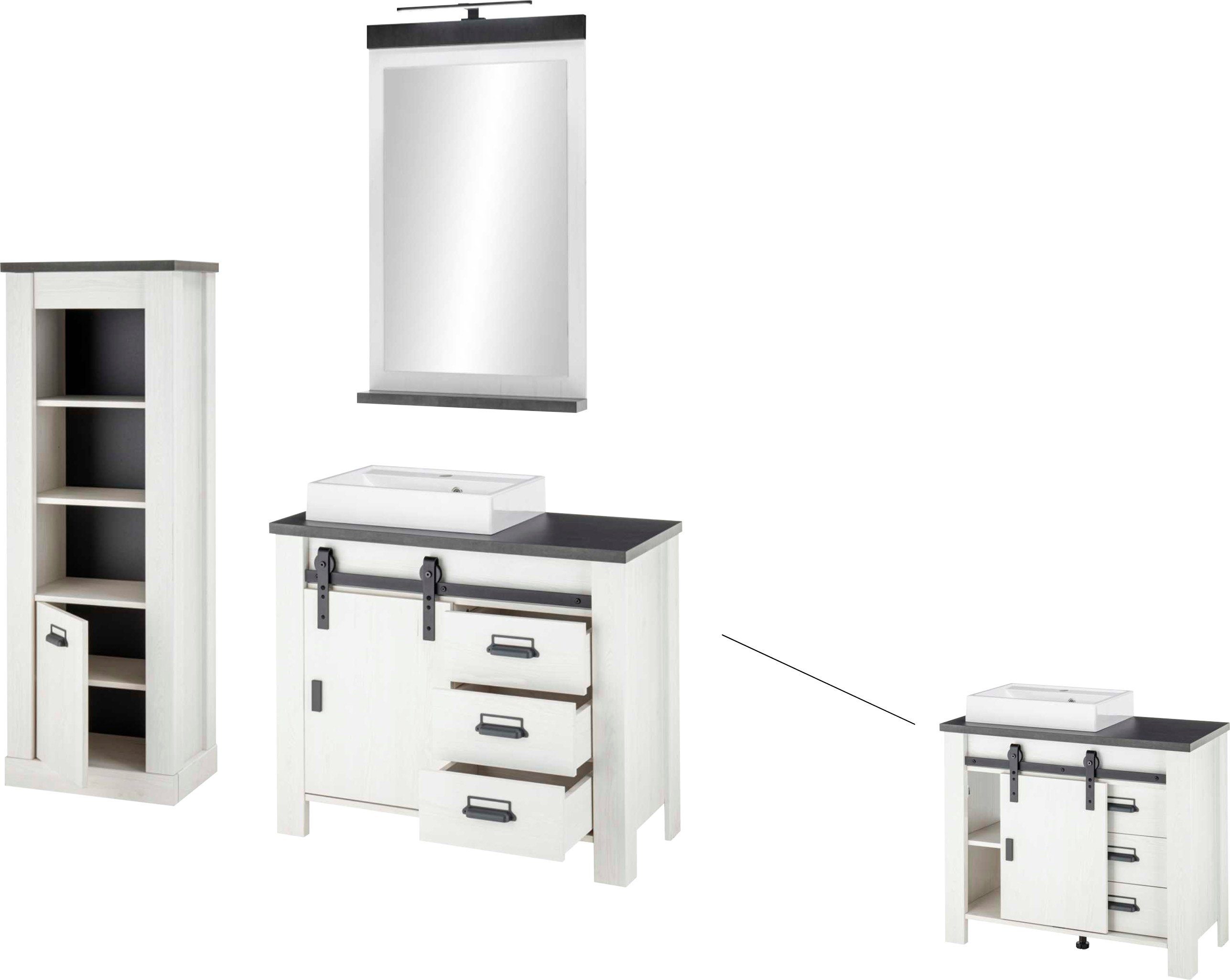 Home affaire Badkamerserie SHERWOOD, Bad im modernen Design, 3-teiliges Badezimmer in houtdecor, met schuurdeurbeslag en apothekersgrepen van metaal (3-delig)