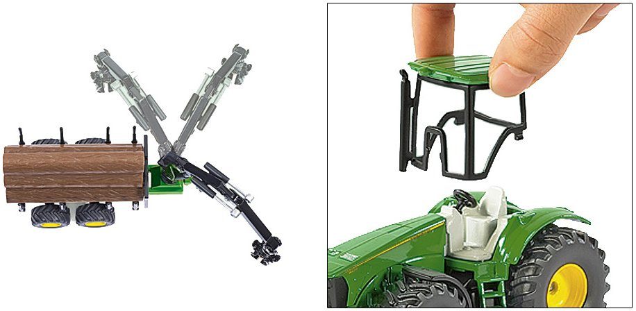 Siku Speelgoed-tractor SIKU Farmer, John Deere 8430 met bomen transport aanhanger (1954)