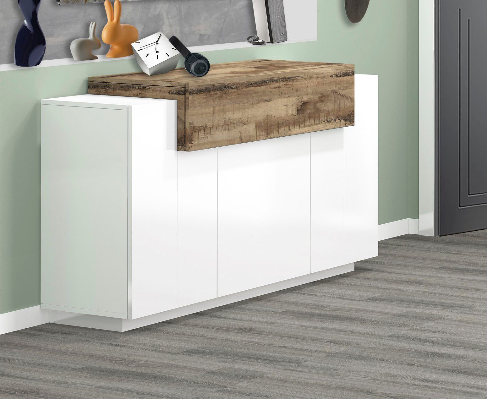INOSIGN Kast Coro, commode, kast, buffet, greeploos 1 klep, 3 deuren, dubbele diepte hoogglans fronten, breedte 140
