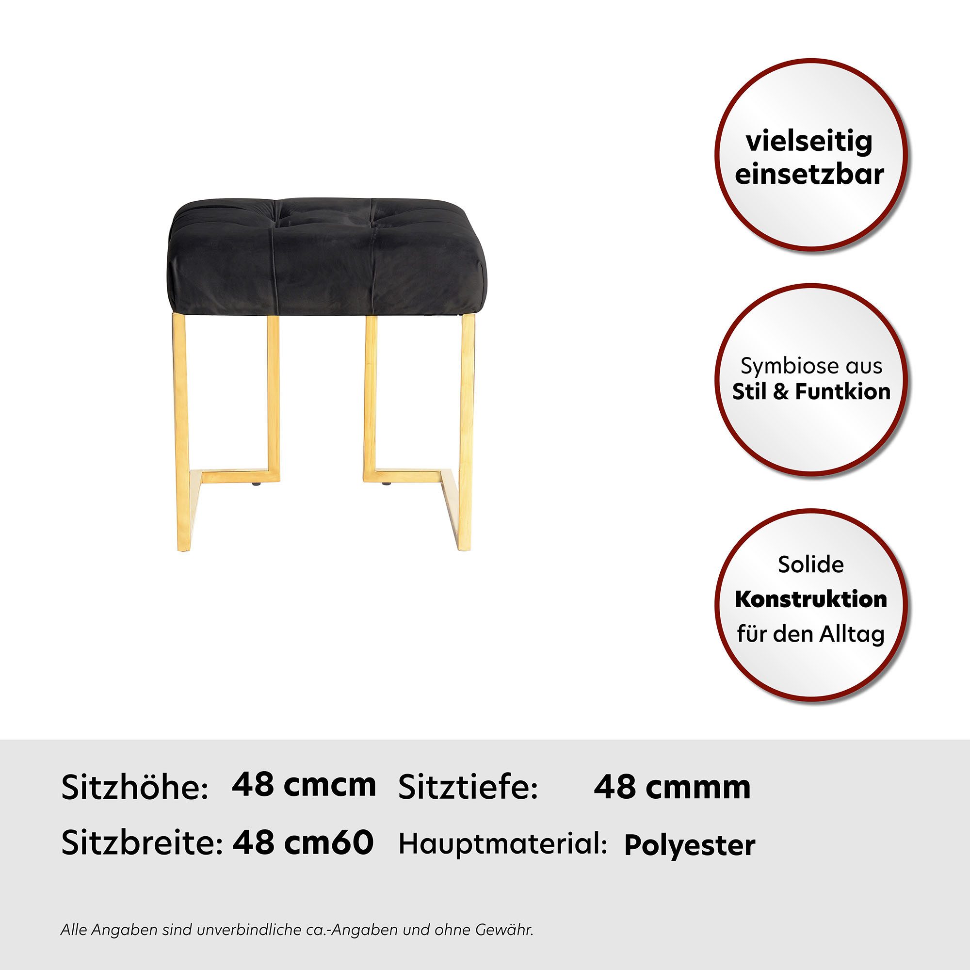 Kayoom Hocker Kruk Rarity 125, elegante uitstraling door gouden frame hoekig, fluweelzacht, doorgestikt, met sierknopen, edelstalen frame (1 stuk)