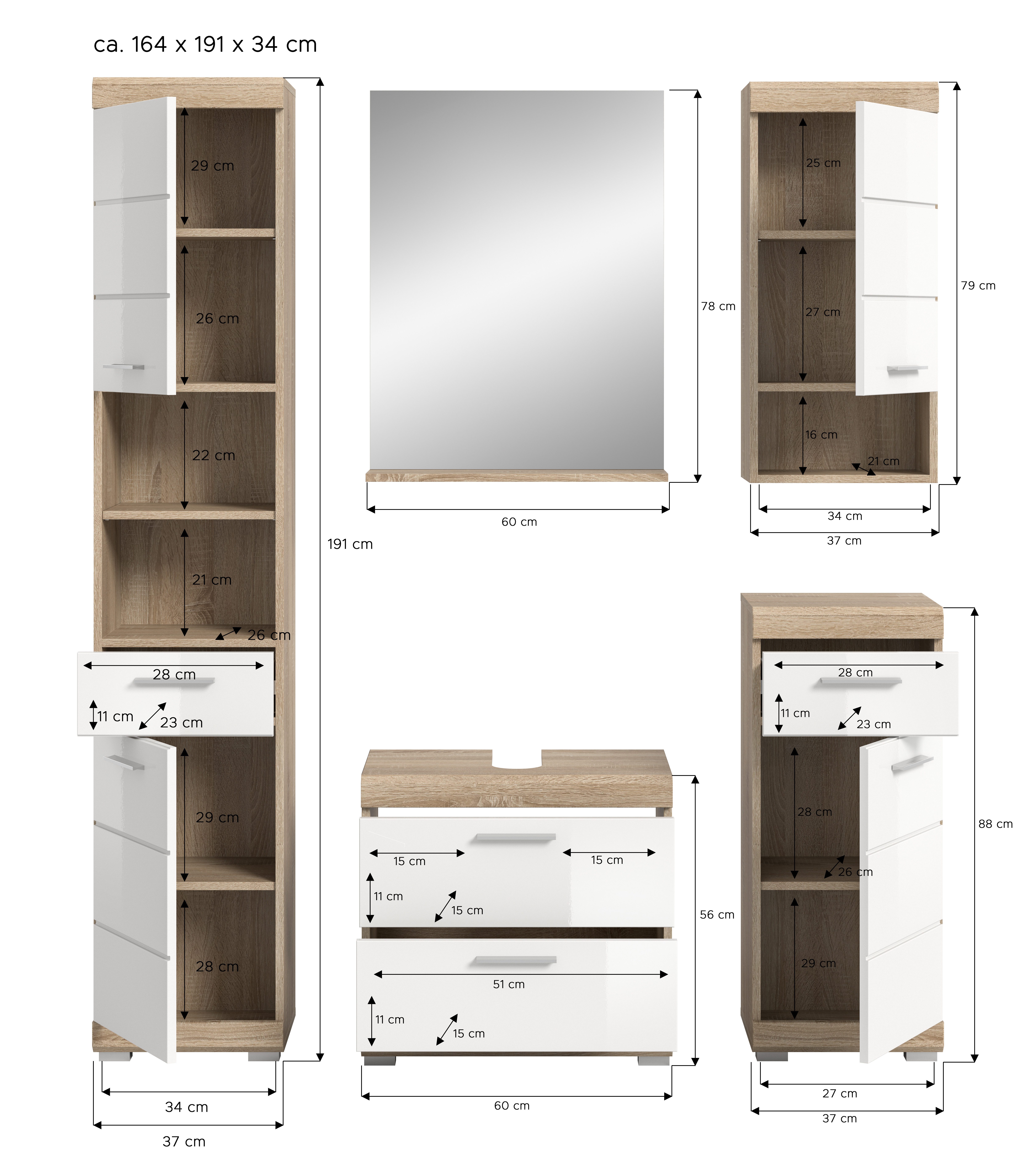 INOSIGN Badmeubelset Siena, 5-delig, bestaande uit: Hoge kast, WBU, spiegel, onderkast, hangkast (set, 5 stuks)