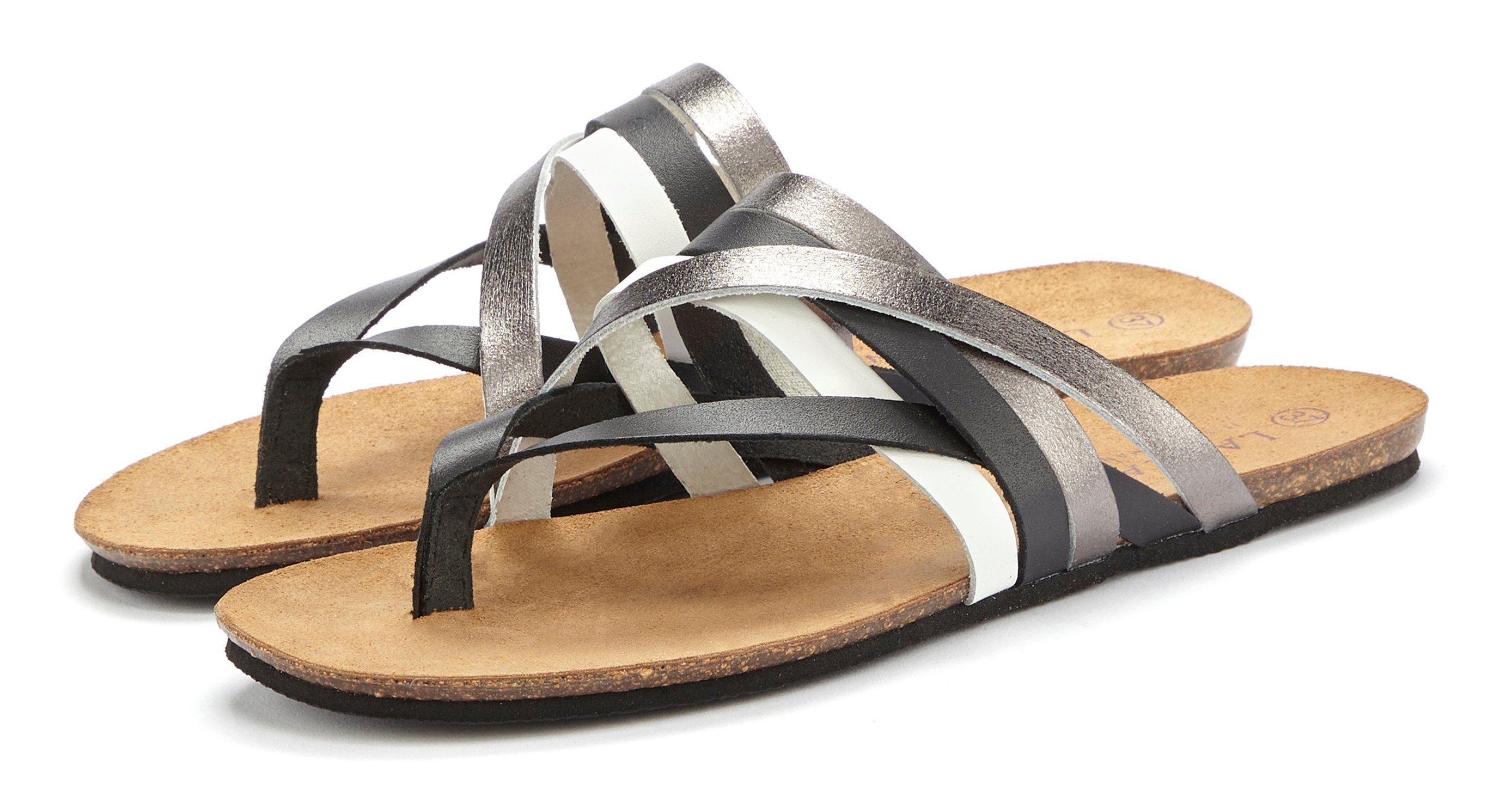 Lascana Teenslippers Sandaal, pantoletten van leer met kurken voetbed dames teenslippers maat 42 zwart