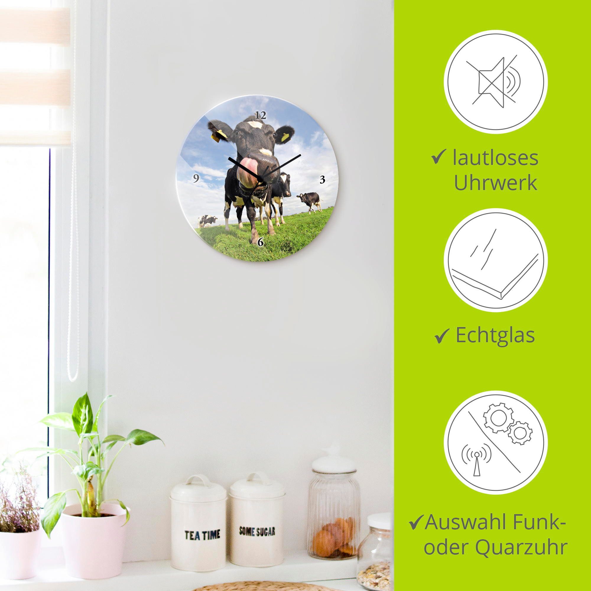 Artland Wandklok Holstein-koe met enorme tong optioneel verkrijgbaar met kwarts- of radiografisch uurwerk, geruisloos zonder tikkend geluid