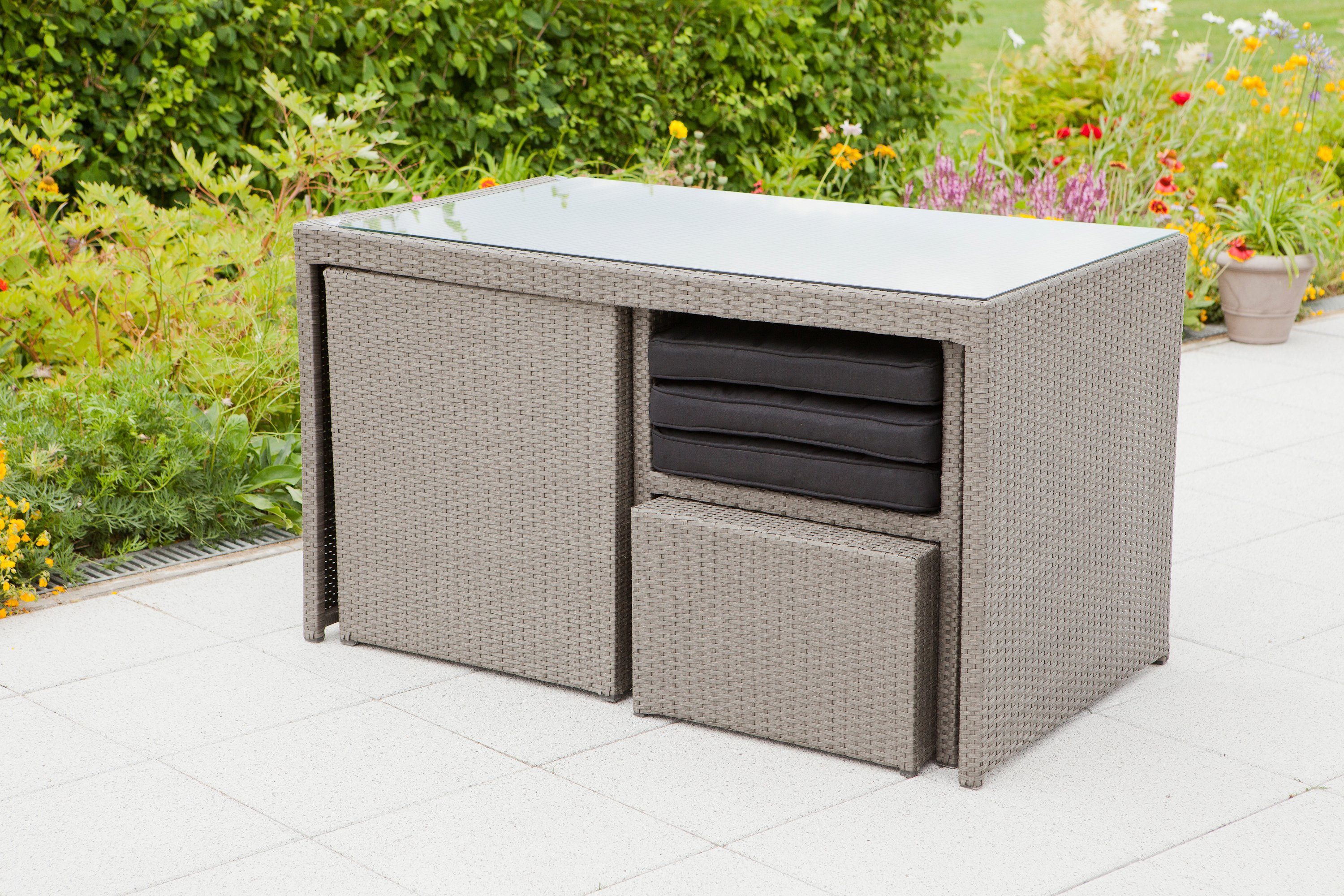 MERXX Tuin-eethoek Merano 2 fauteuils, 2 hockers, tafel 128x70 cm, polyrotan (11-delig)