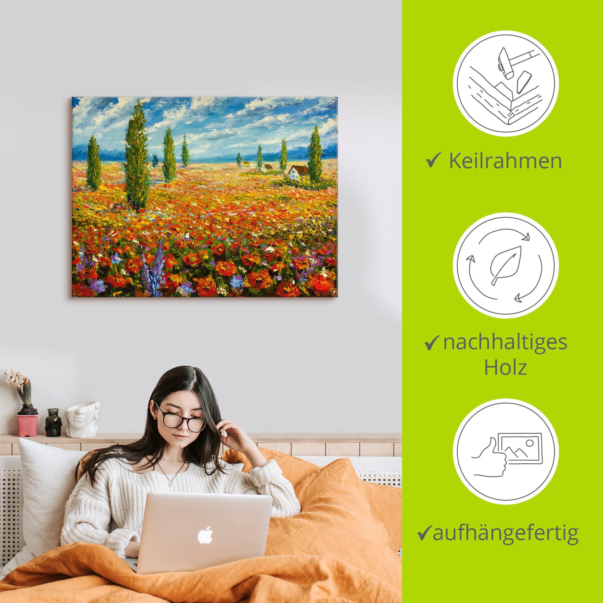 Artland Artprint op linnen Klaprozenveld gespannen op een spieraam