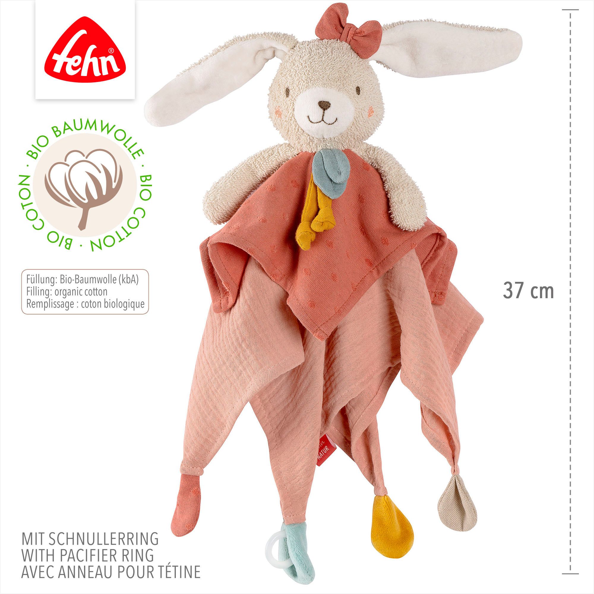 Fehn Knuffeldoek FehnNATUR, konijn met bevestigingsring voor speen