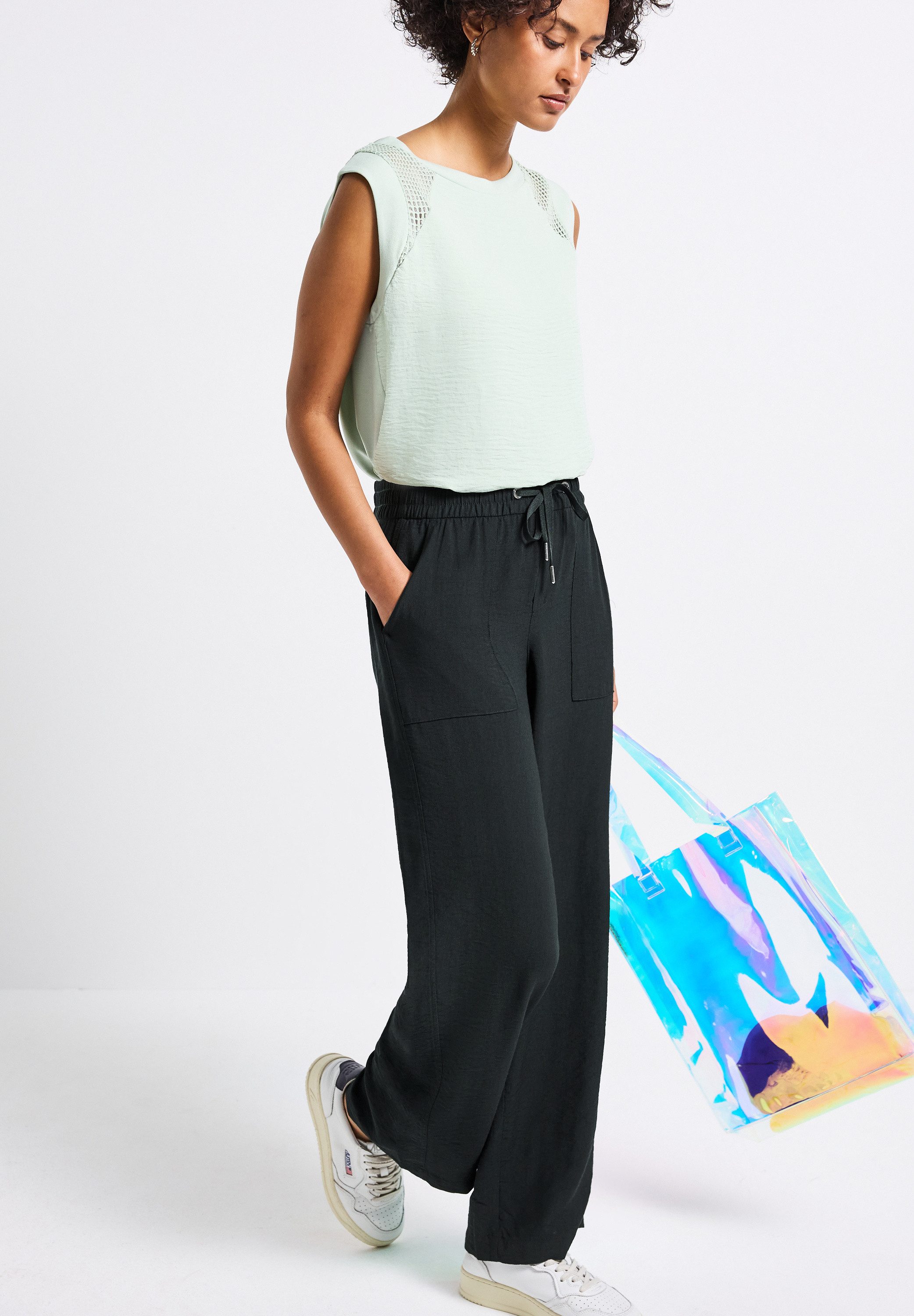 STREET ONE Stoffen broek wijdere pijp, met koord en elastische tailleband