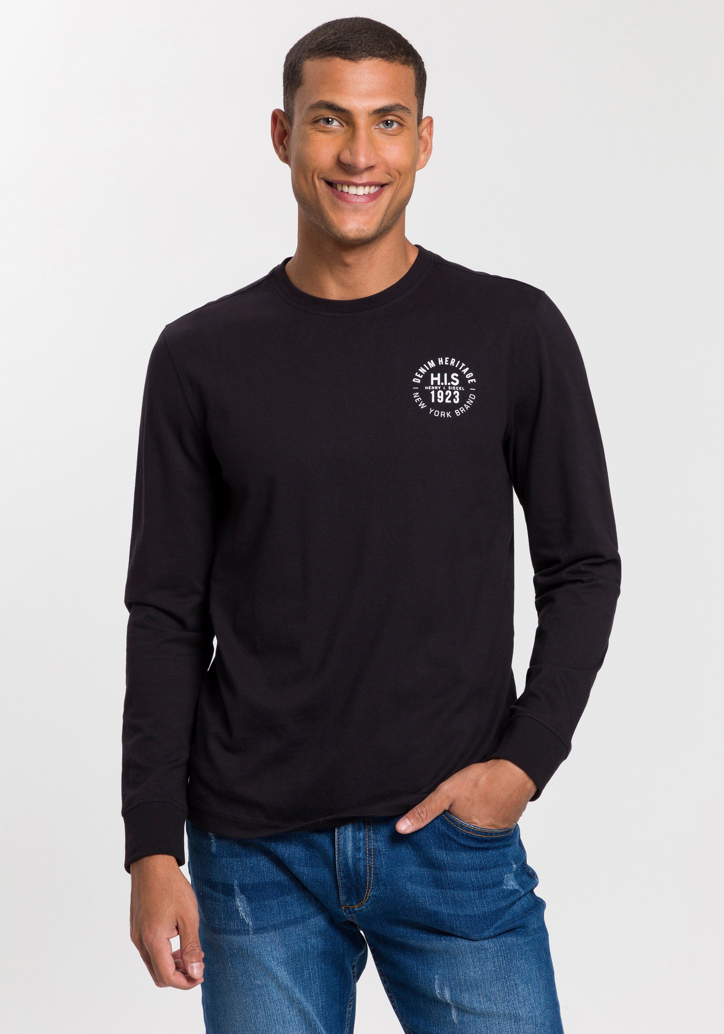 H.I.S Shirt met lange mouwen Lange mouwen, bedrukt, ronde hals, van 100% katoen (2-delig, Set van 2)