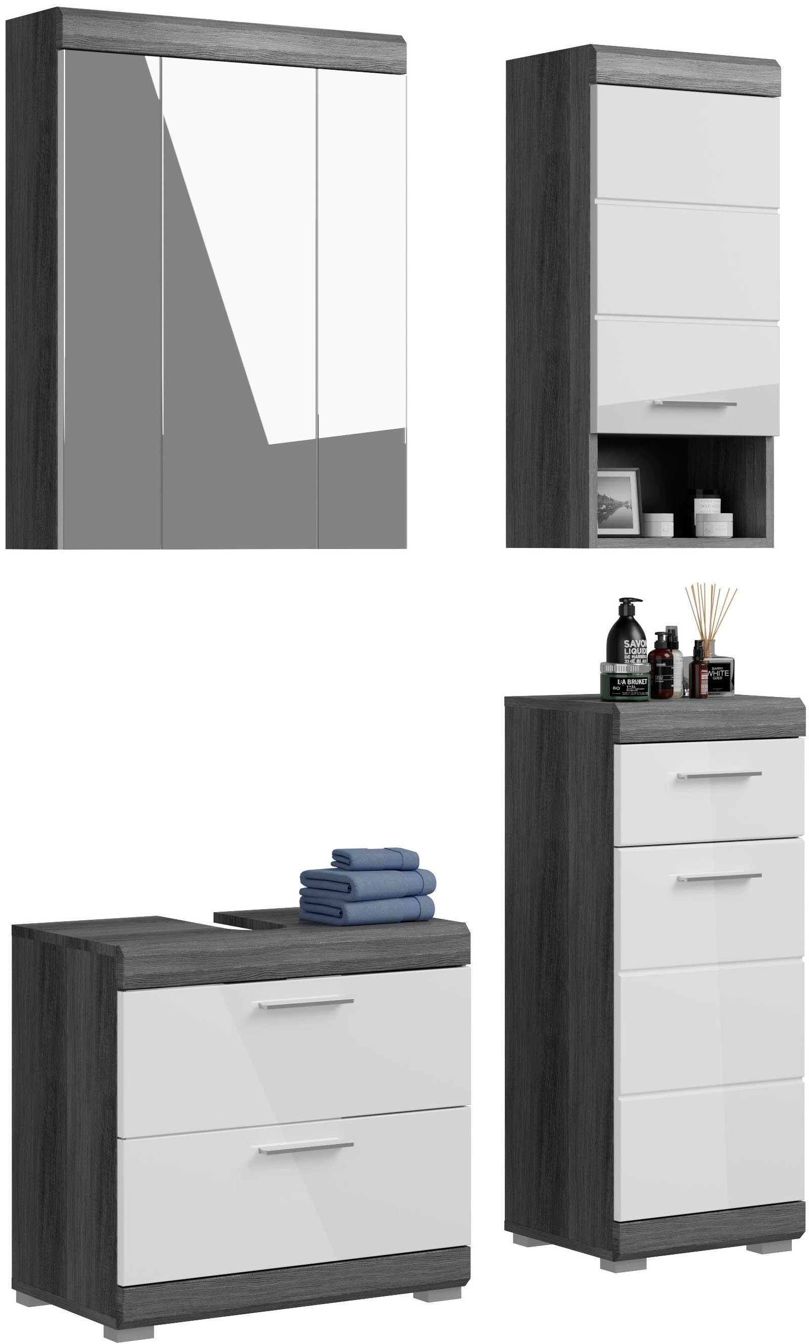 inosign badkamerserie siena spiegelkast, wastafelonderkant, wandkast, onderkast (set) grijs