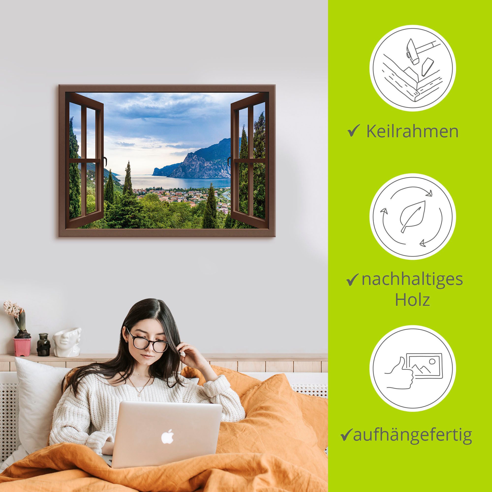 Artland Artprint Gardameer door het bruine raam als artprint van aluminium, artprint voor buiten, artprint op linnen, poster in verschillende maten. maten