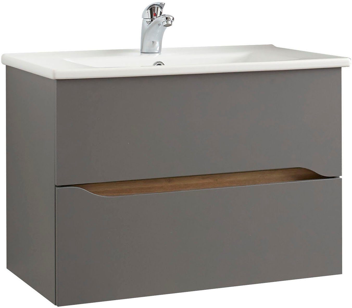 Saphir Badkamerserie Quickset 3-delig, keramische wastafel en LED spiegelkast met halfhoge kast, 2 deuren, 1 nis, 2 laden, inclusief deurdemper (5-delig)