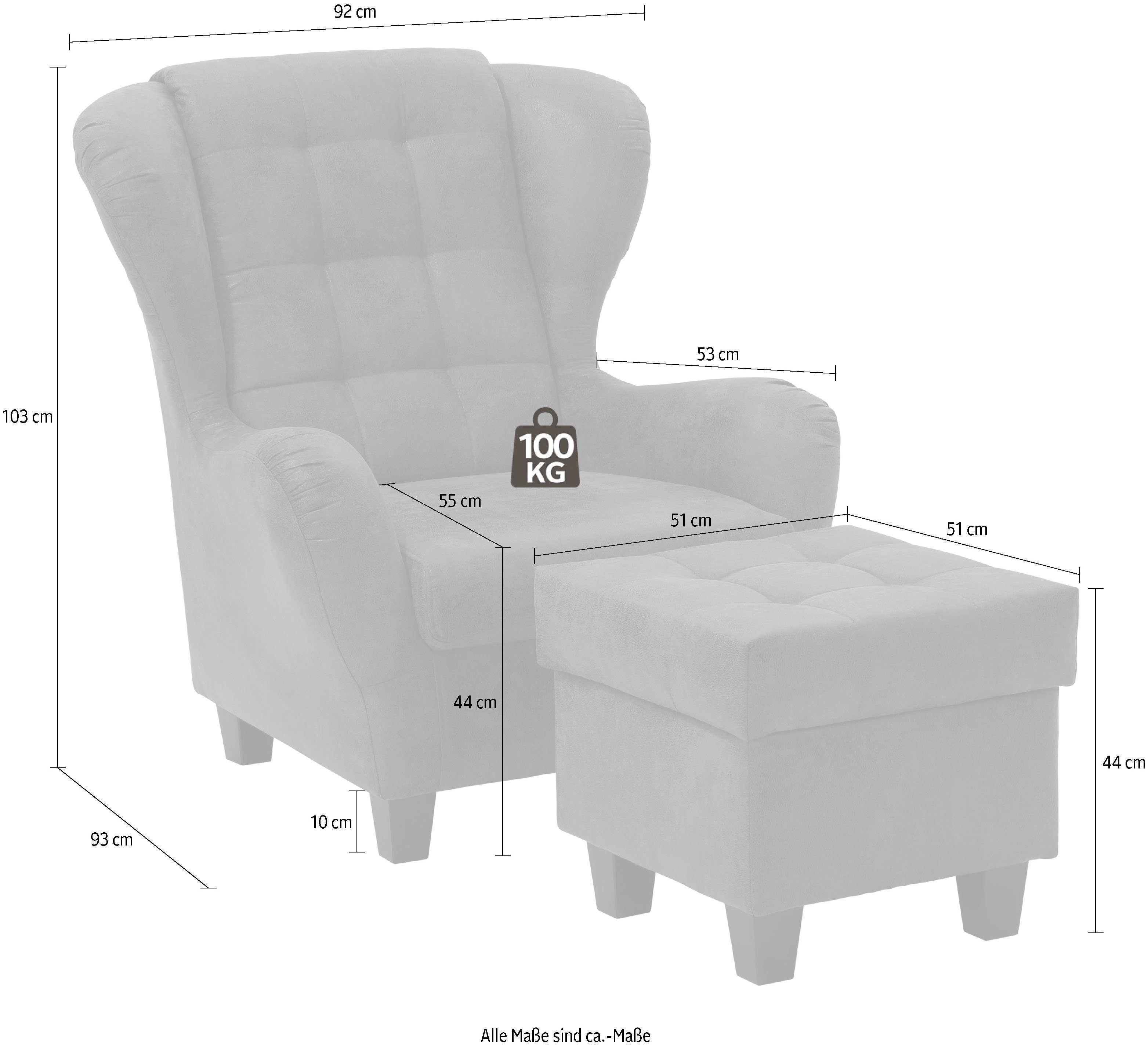 Home affaire Oorfauteuil Alexander incl. hocker, met stiksels, in vele kleuren (2 stuks)