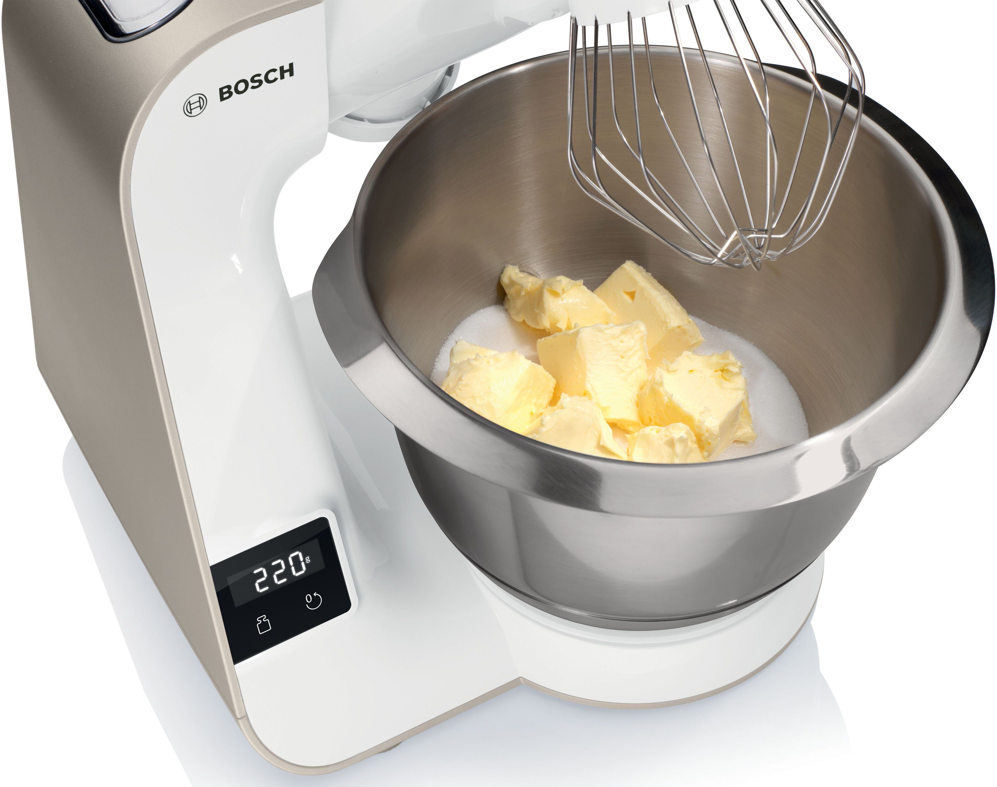 BOSCH Keukenmachine Serie 4 MUM5XW40, geïntegreerde weegschaal, continu rasp- en snijapparaat, wit/champagne