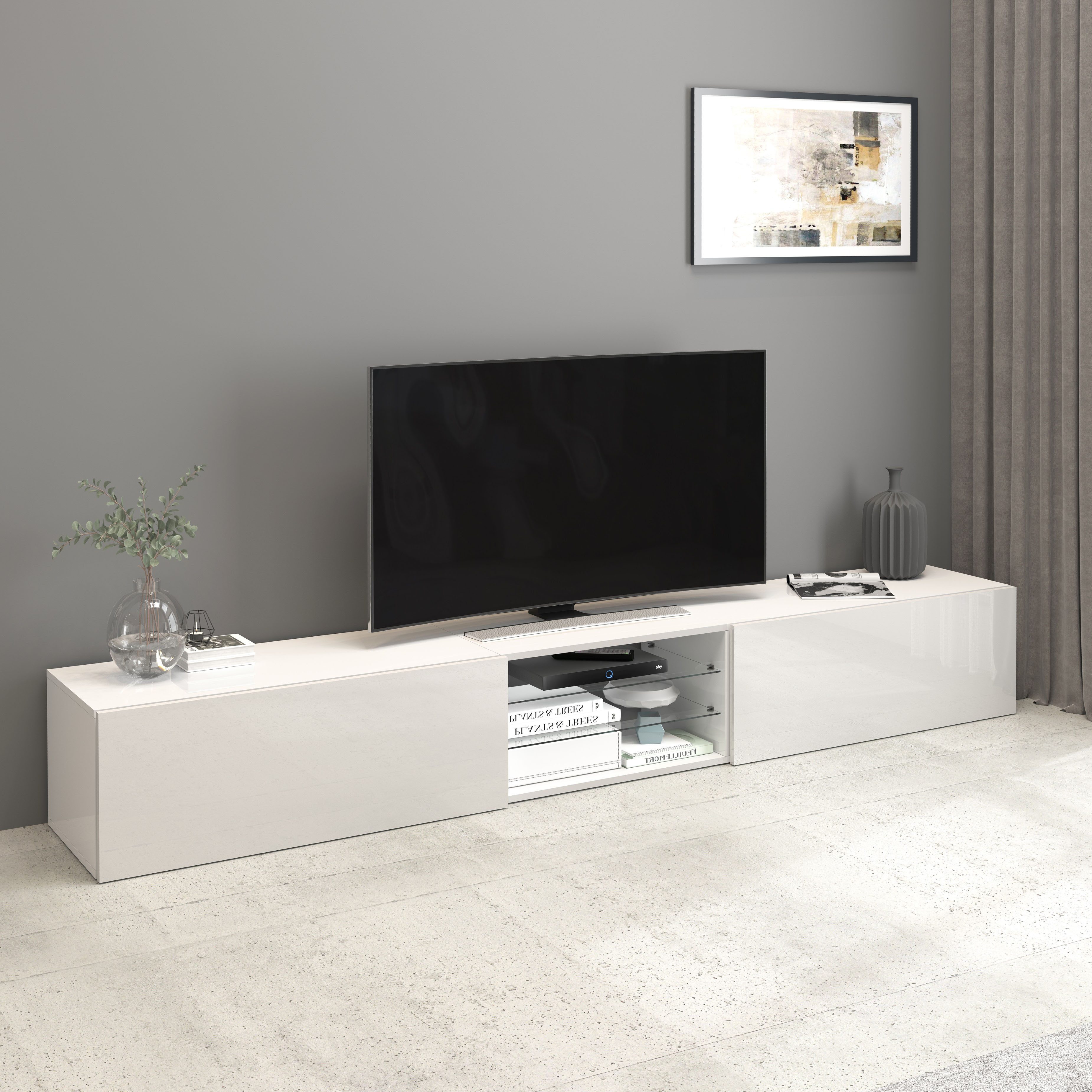 INOSIGN Tv-meubel Egypt, Lowboard, TV-ladekast, TV-meubel, TV-bank met 2 kleppen, 2 glazen planken, volledig hoogglans gelakt (b/d/h) 240x38x35 cm