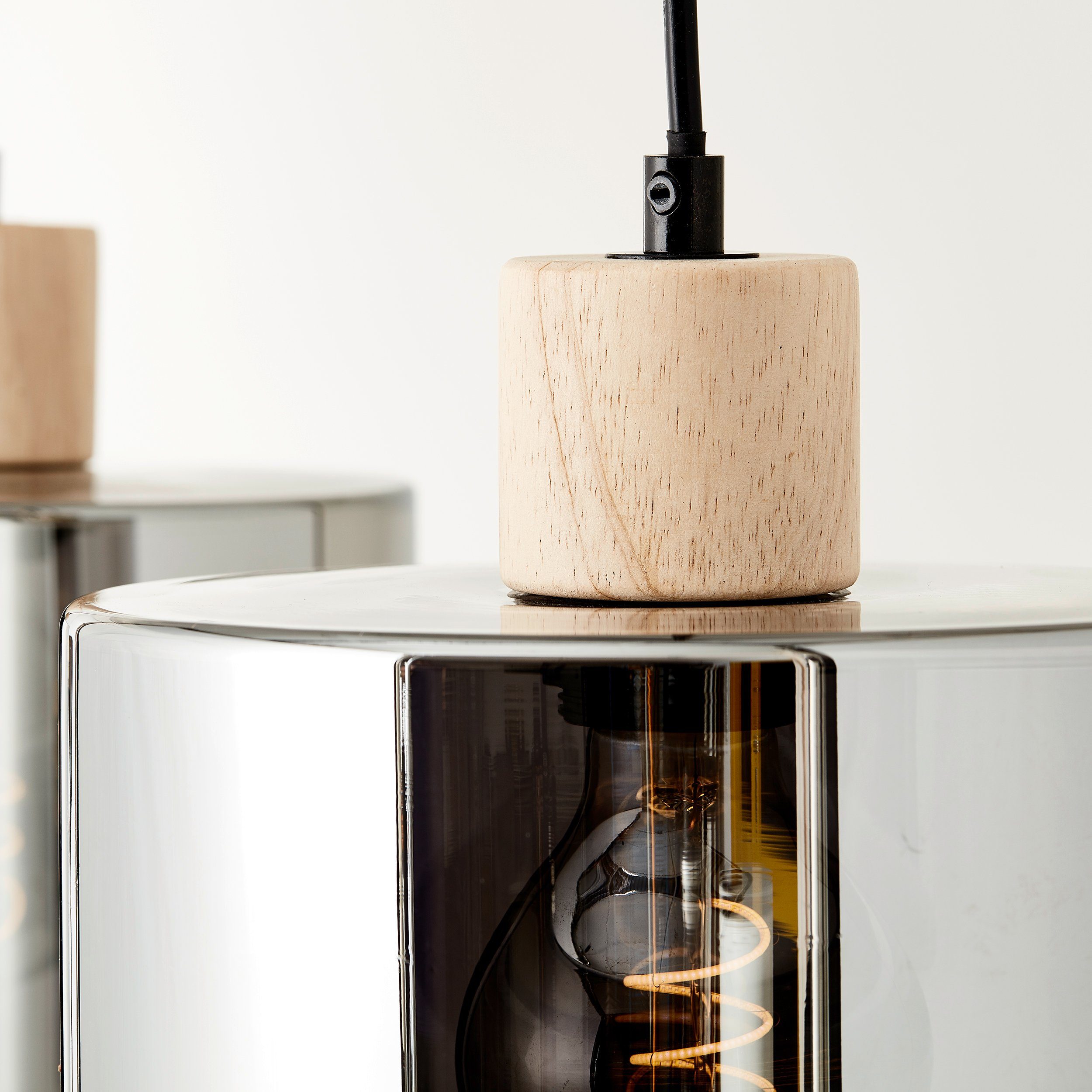 Brilliant Leuchten Hanglamp Weald Hoogte 120 cm, E27, inkortbaar, metaal/glas/hout, zwart/rook/hout