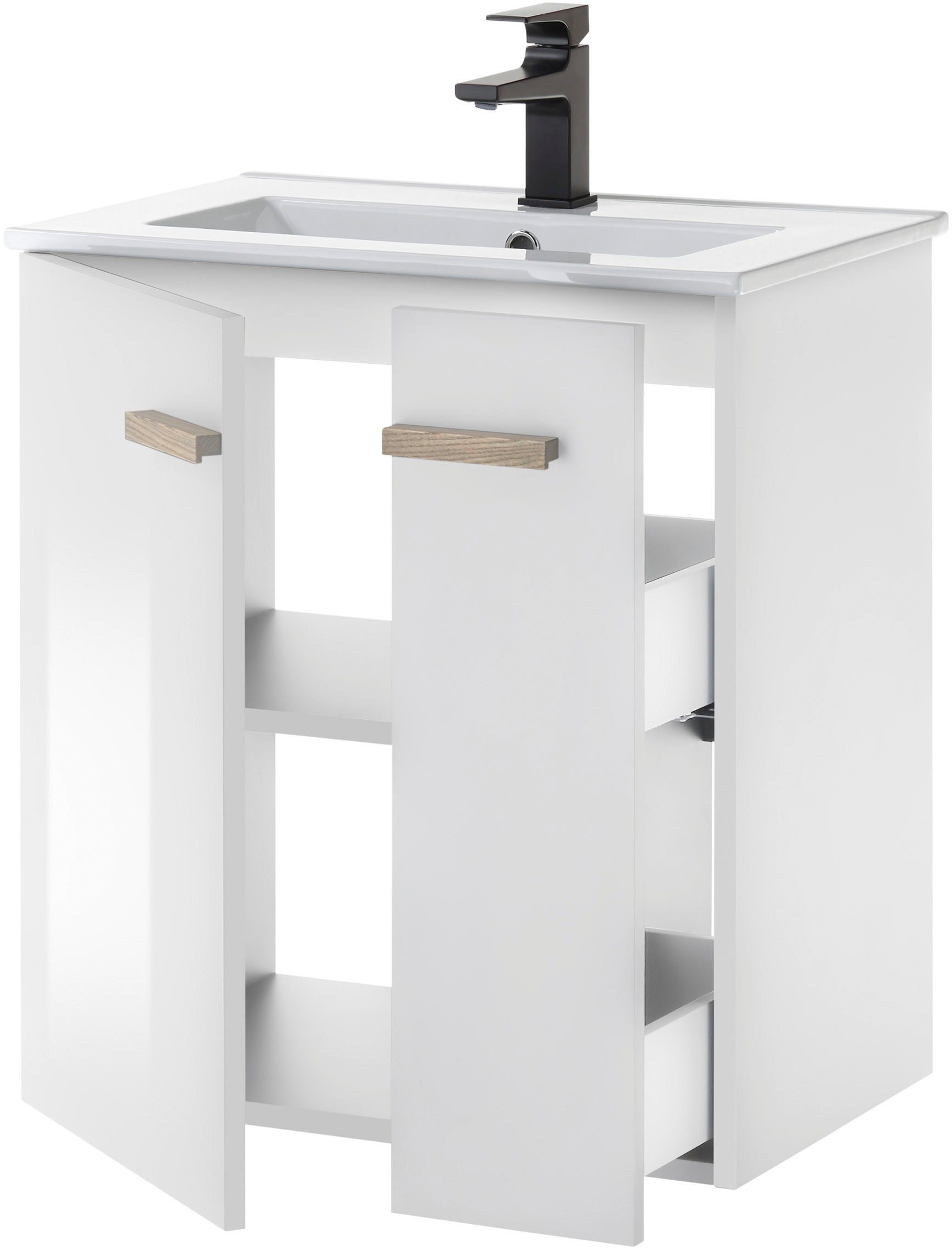 Places of Style Badkamerserie SOLiD, Badmöbel-Set, Bad im modernen Design, 2-teiliges Badezimmer Breedte 60 cm, wastafelonderkast met inbouw-wasbak, spiegel, opbouwarmatuur (2-delig)