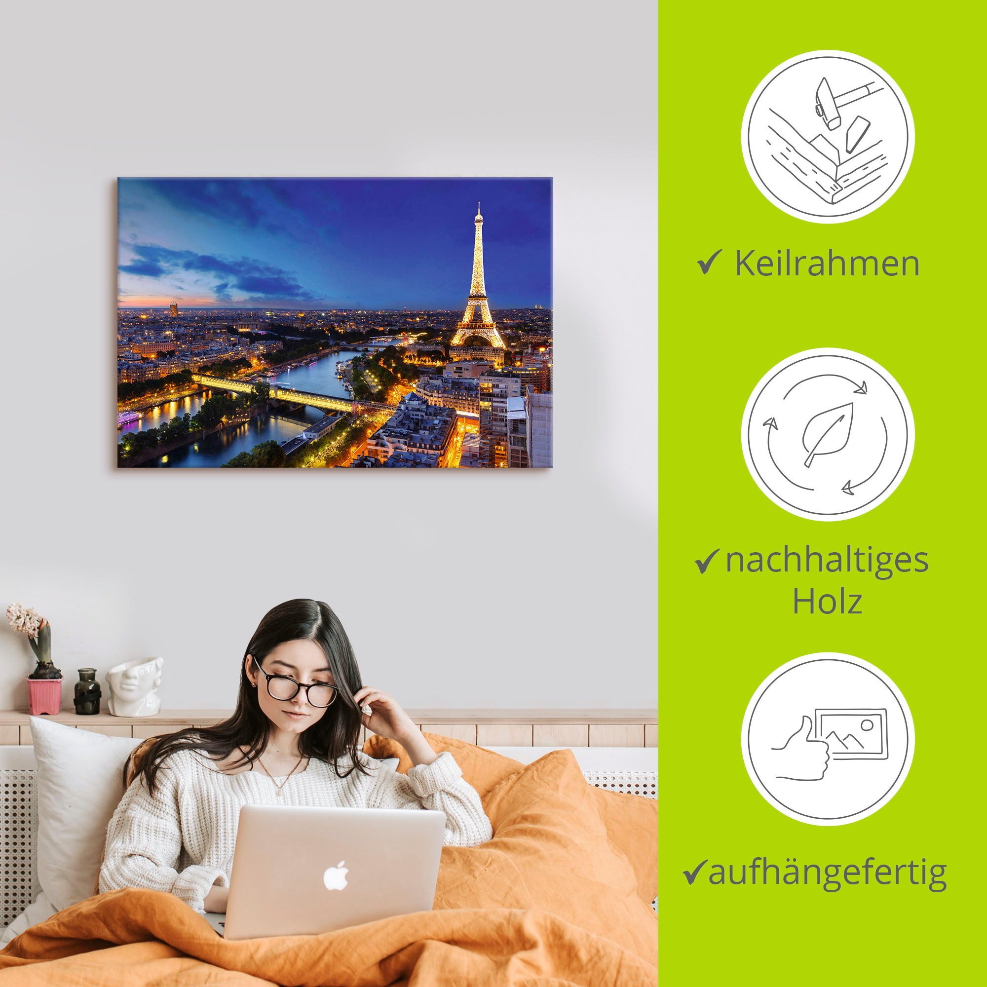 Artland Artprint Eiffeltoren en Seine ‘s avonds, Parijs als artprint van aluminium, artprint voor buiten, artprint op linnen, poster, muursticker