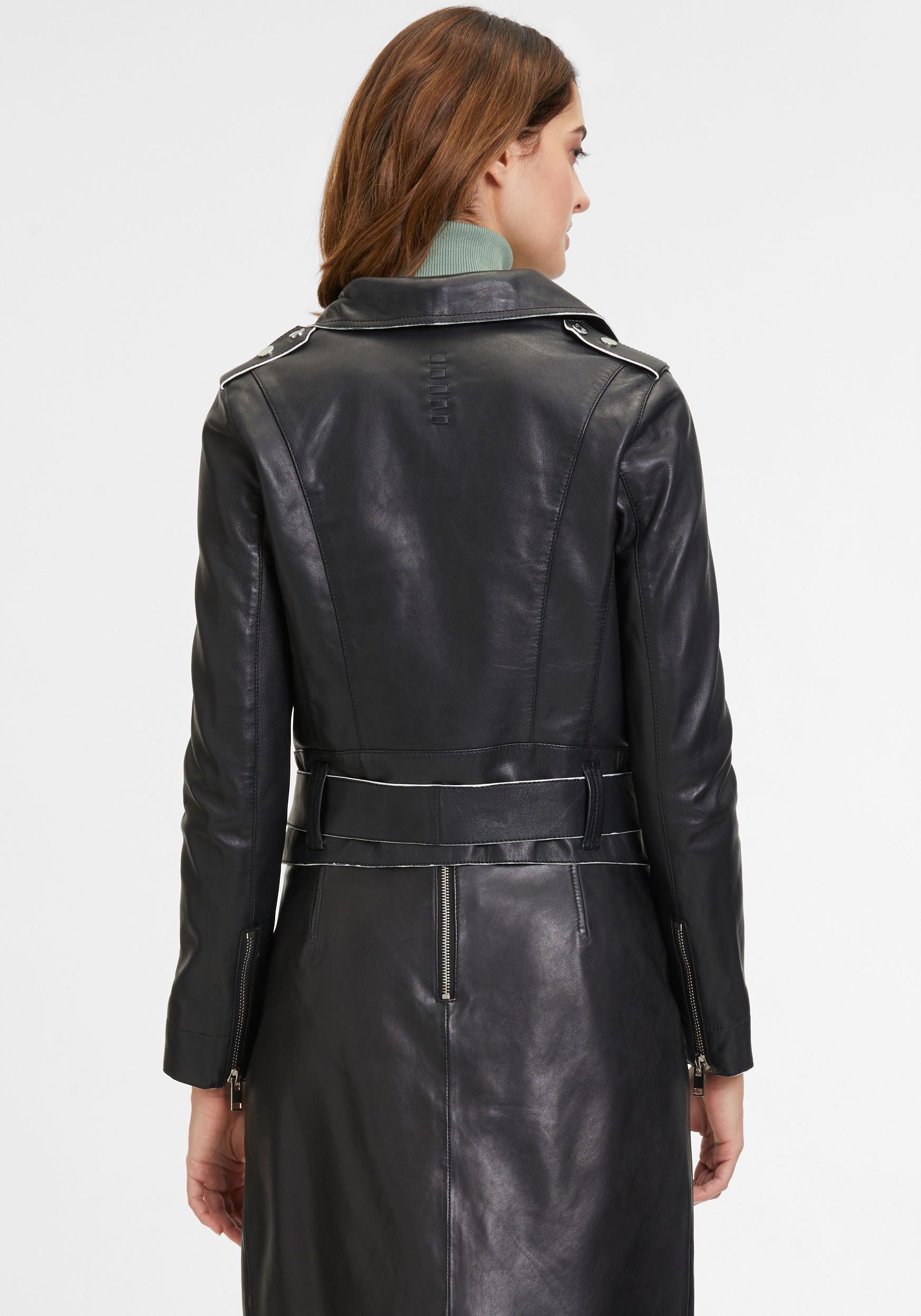 Mauritius Leren jack G2WCelin SF met asymmetrische rits, riem, ritssluiting details