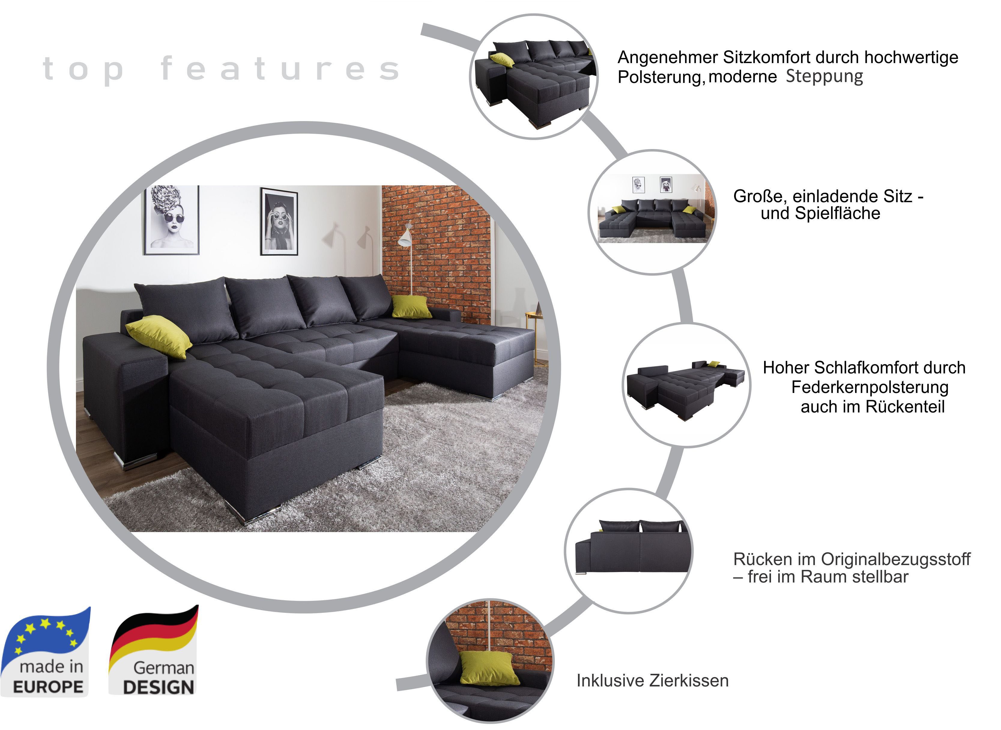 COLLECTION AB Zithoek XL-Josy U-vorm, breedte 313 cm, platweefsel, structuur, kunstleer