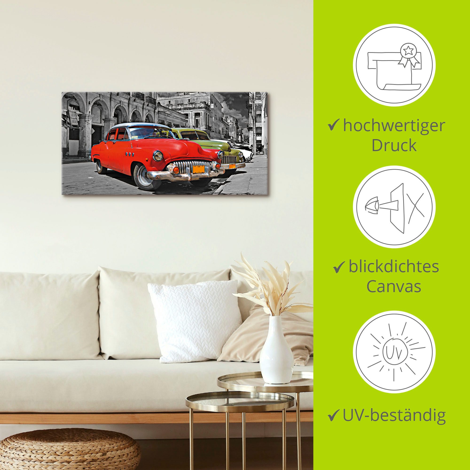 Artland Artprint Aanzicht van kleurrijke havanna auto’s als artprint van aluminium, artprint op linnen, muursticker, verschillende maten