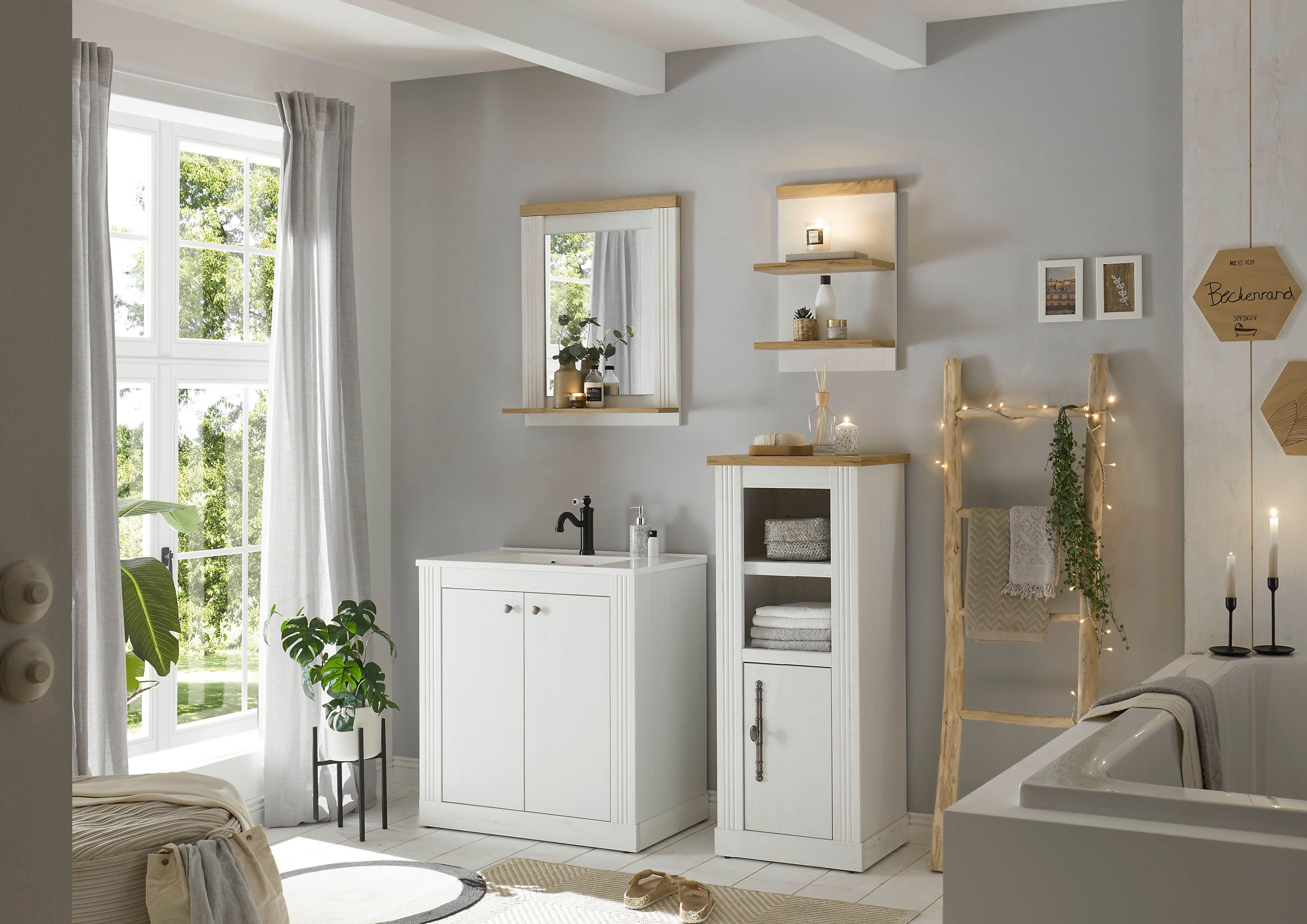 Home affaire Badkamerserie WESTMINSTER, badkamer in landhuisstijl, 2-delig badkamer Waschtafel, spiegel, midikast, plank, in 2 kleuren, breedte 150 cm (4-delig)