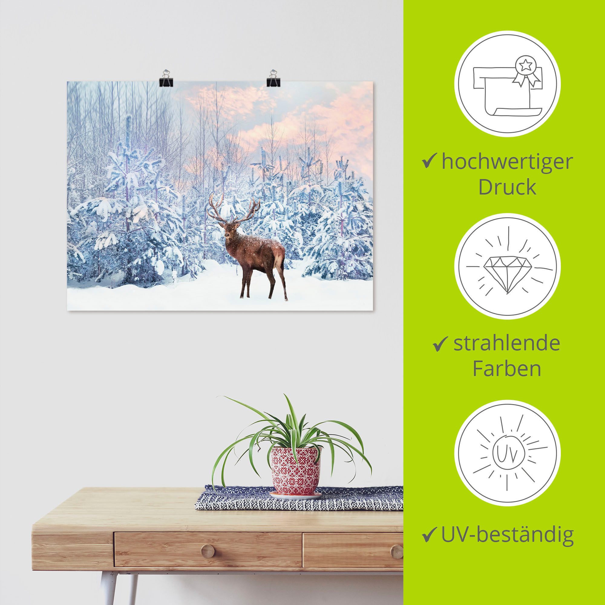 Artland Artprint Edelhert in het winterbos als artprint op linnen, poster in verschillende formaten maten