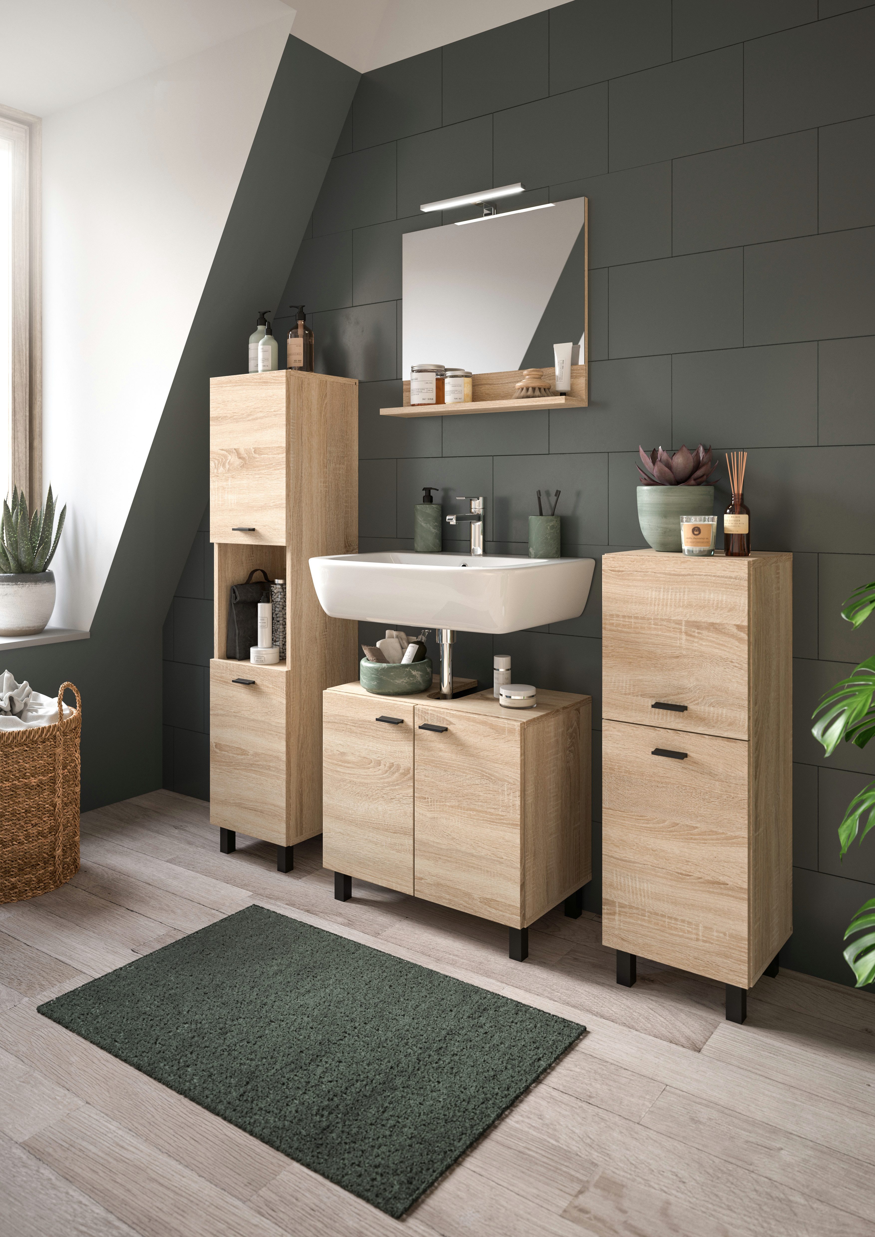 welltime Badmeubelset Tampa, breedte 137cm, 4-delig Wastafelonderkast, spiegel, hoge kast, midikast (4 stuks) badmeubelsets beige