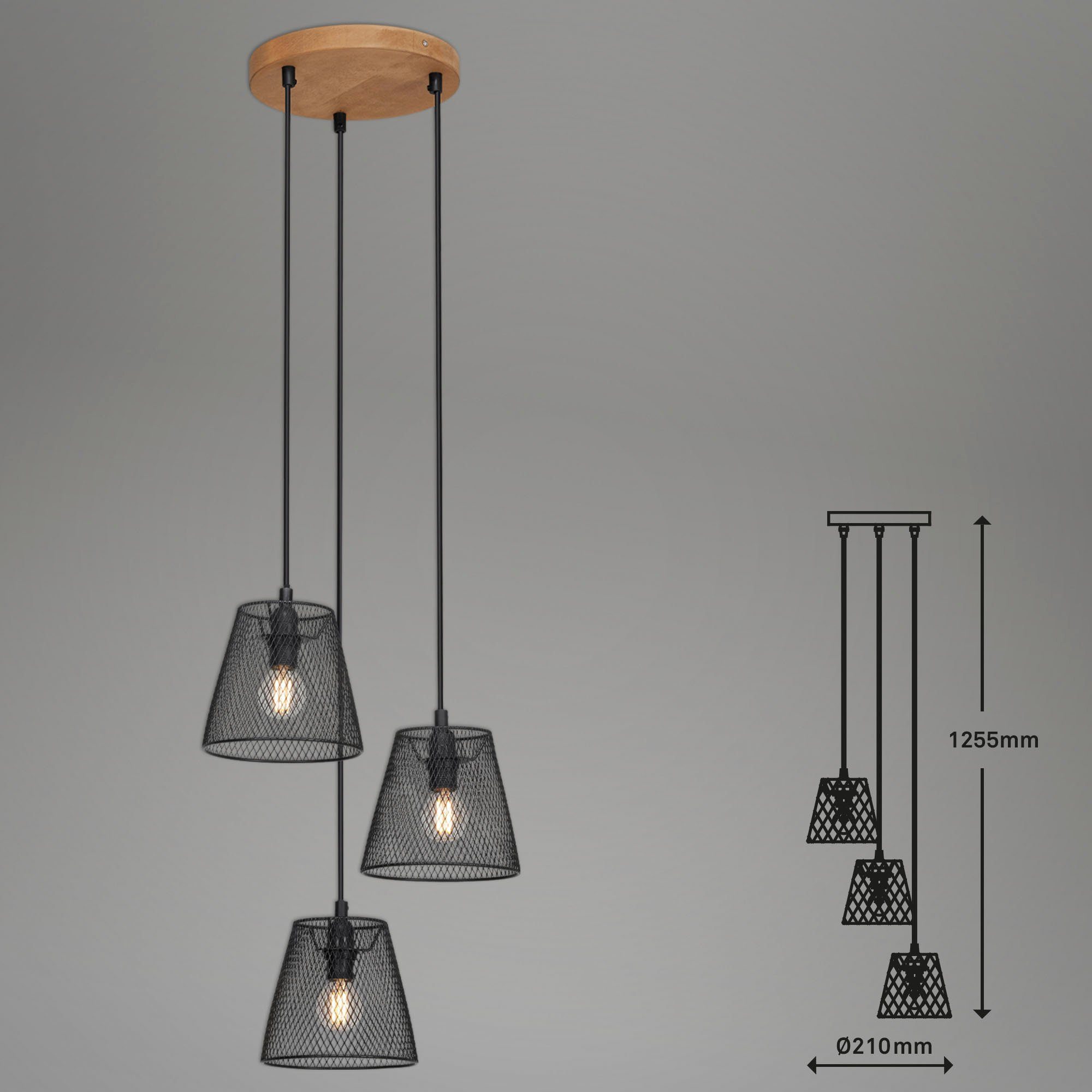 Briloner Leuchten Hanglamp TAUNUS 3-vlamig, retro/vintage, metalen kap en houten basis, zwart, 21 cm (1 stuk)