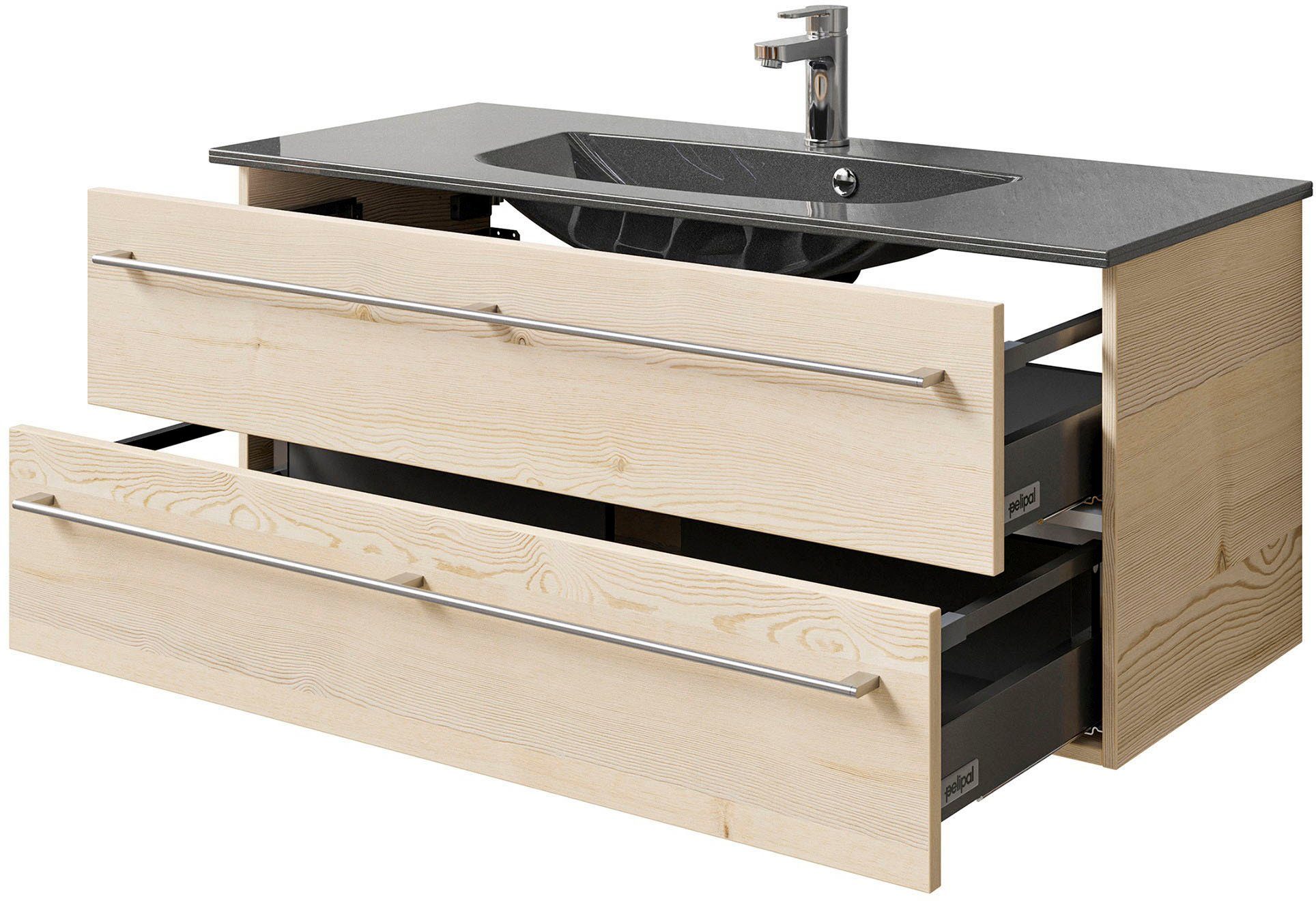 Saphir Badkamerserie Serie 6025 2-delig, mineraalmarmeren wastafel met led-spiegelkast Wastafelmeubel 117 cm breed, 2 laden, 3 spiegeldeuren, incl. deurdemper (2-delig)